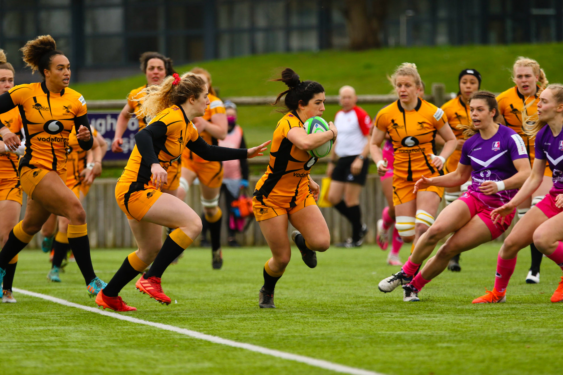 Action shot during the Allianz Premier 15s match between Loughborough Lightning and Wasps Ladies at Loughborough University, Loughborough, England on 20th March 2021.