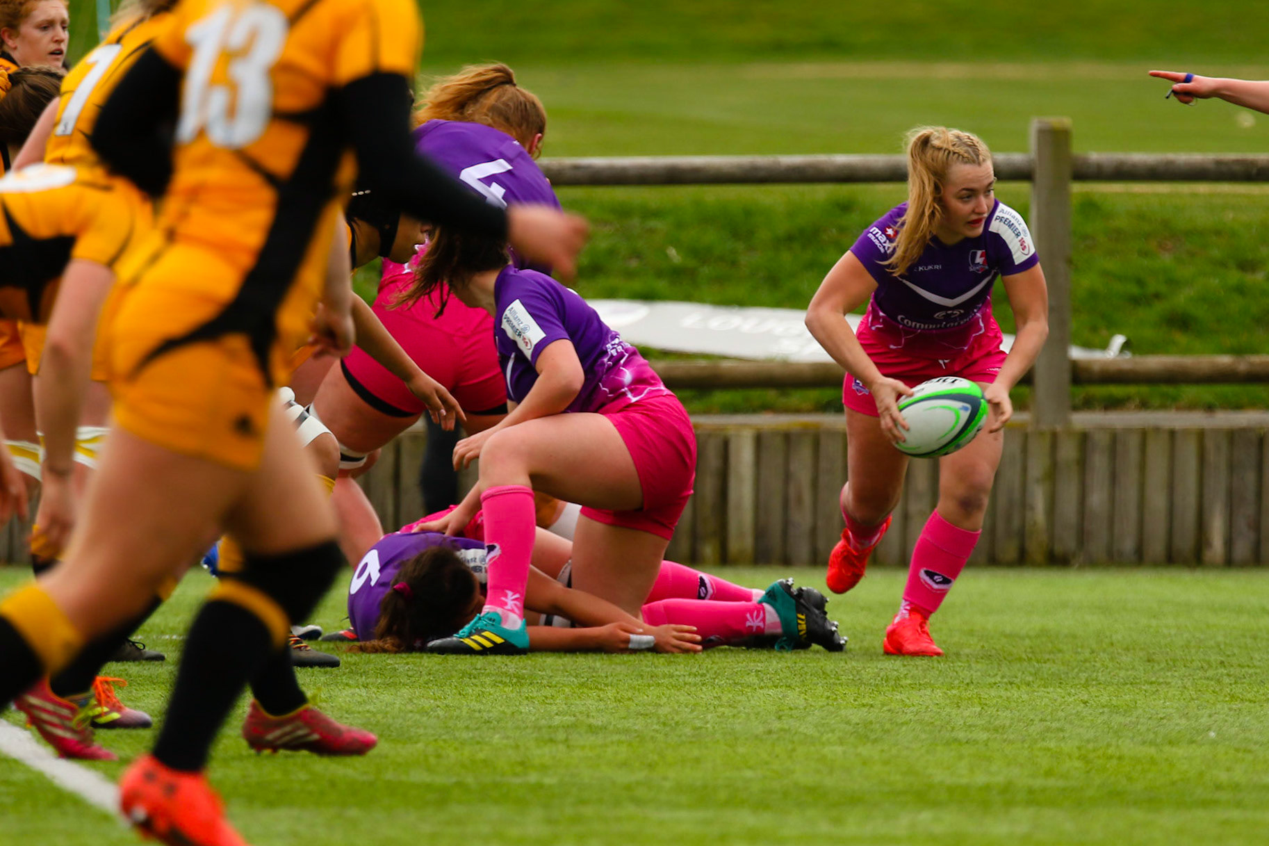 Action shot during the Allianz Premier 15s match between Loughborough Lightning and Wasps Ladies at Loughborough University, Loughborough, England on 20th March 2021.