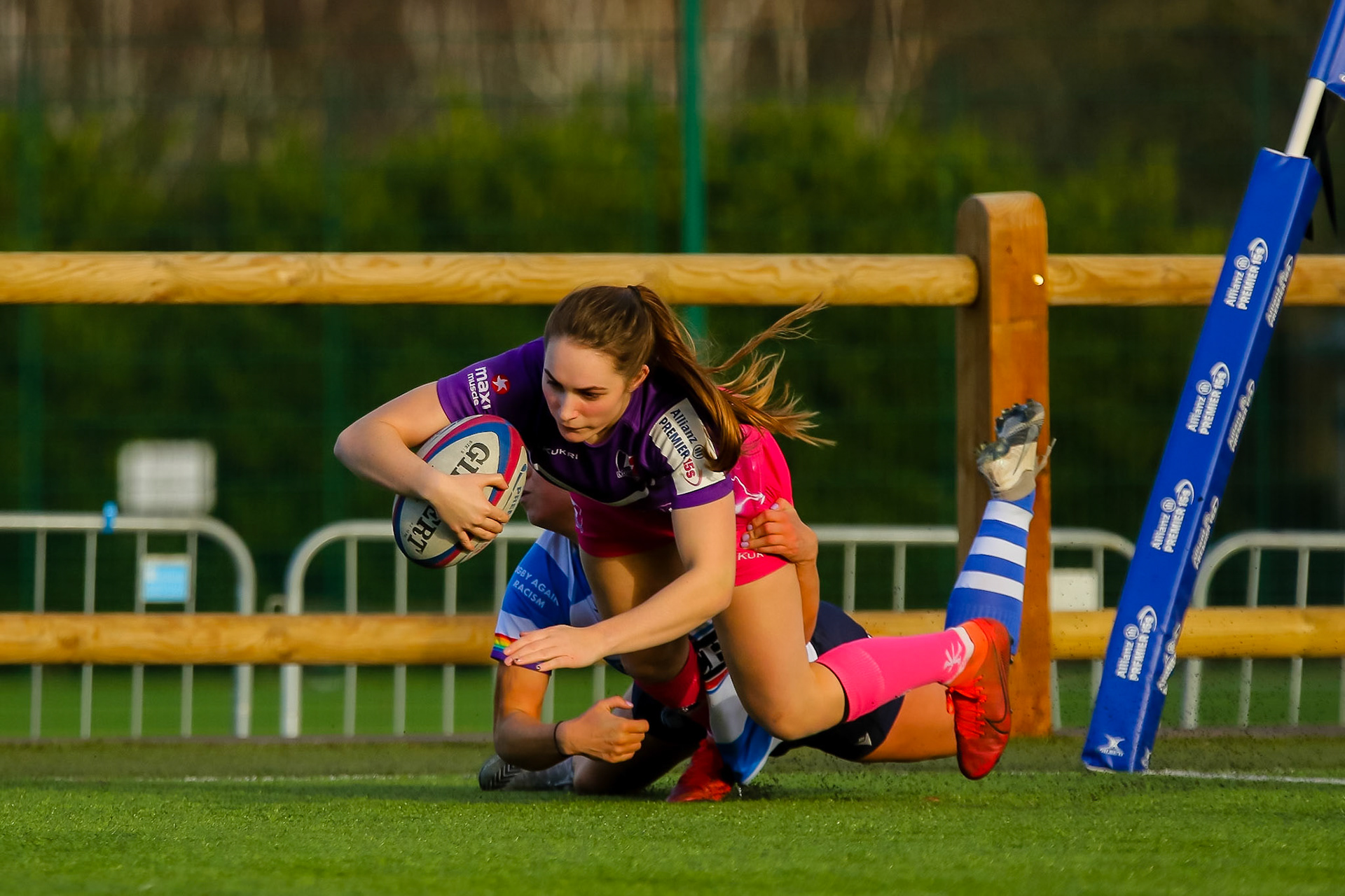 TRY! Bo Westcombe Evans of Loughborough Lightning during the Allianz Premier 15s match between Loughborough Lightning and DMP Sharks at The Loughborough University, England on 28th Jan 2022. © @benlumleyphoto