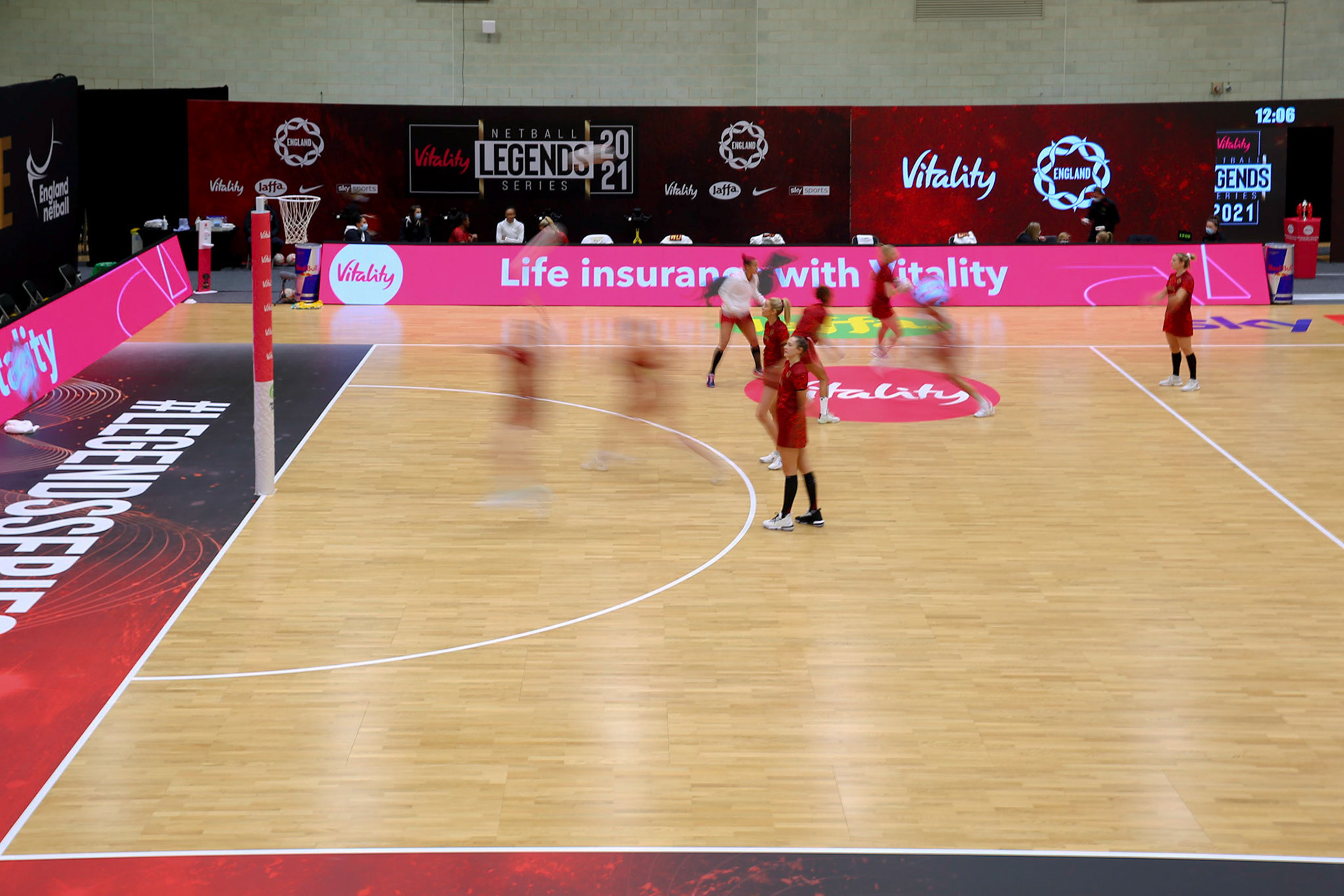 England Roses Warm up during Game 2 of the Vitality Netball Legends Series at Loughborough University, Loughborough, England on 22th January 2021