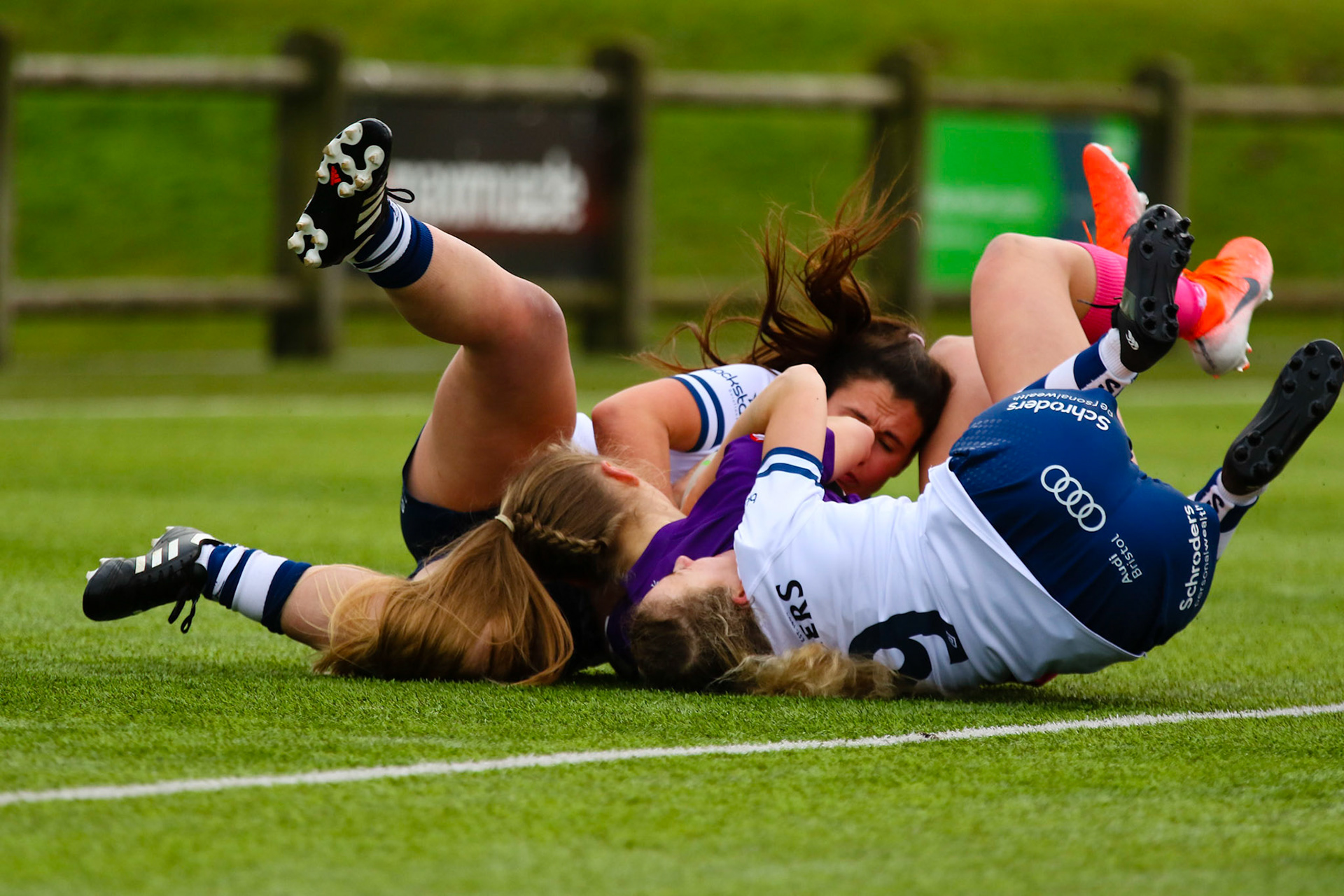 Try attempt during the Allianz Premier 15s match between Loughborough Lightning and Bristol Bears at Loughborough University, Loughborough, England on 6th February 2021.