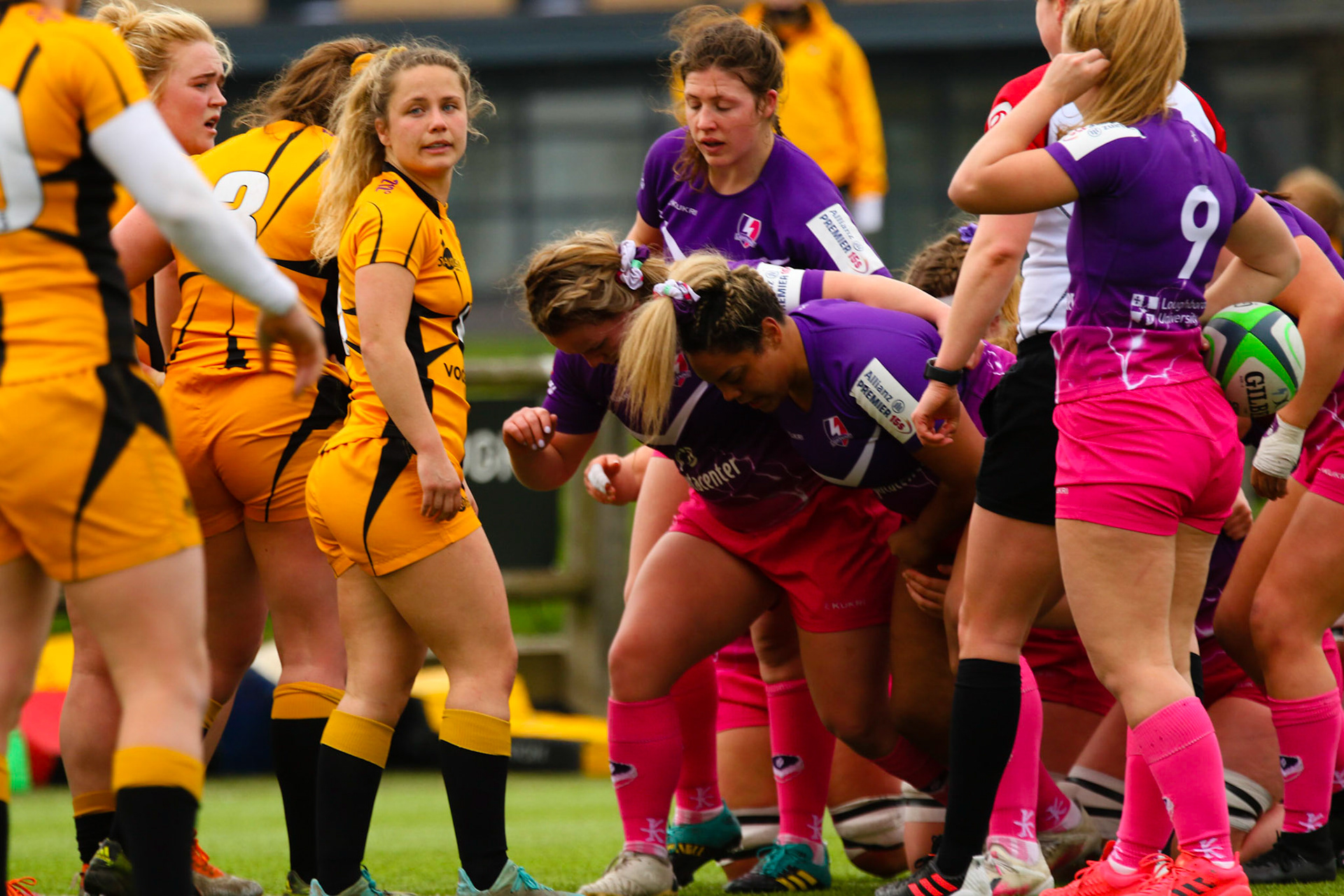 Scrum during the Allianz Premier 15s match between Loughborough Lightning and Wasps Ladies at Loughborough University, Loughborough, England on 20th March 2021.