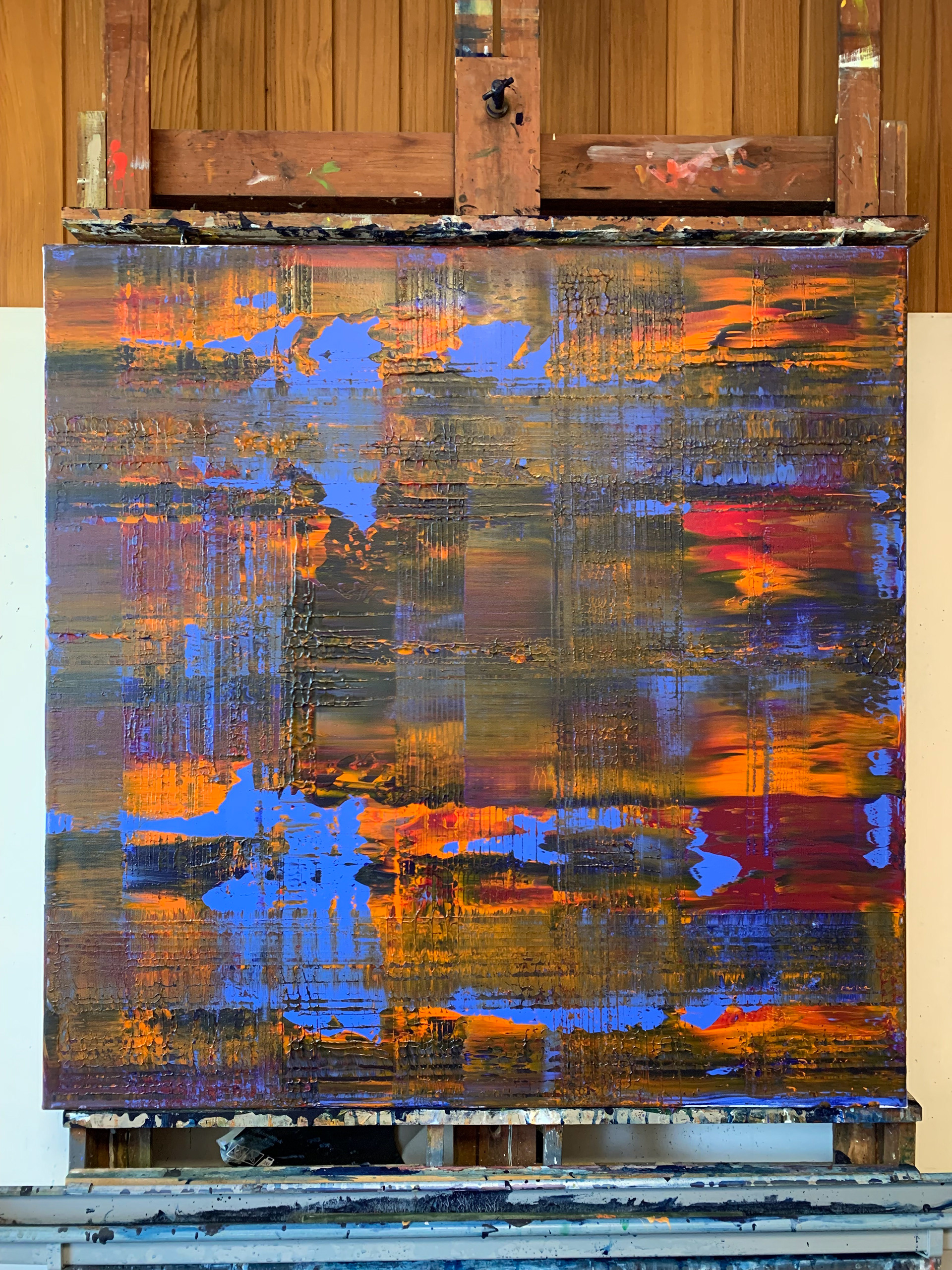 "Kreuzendes orange-blau-schwarz", 4/2022, Acryl auf Leinwand, 100 x 100 cm