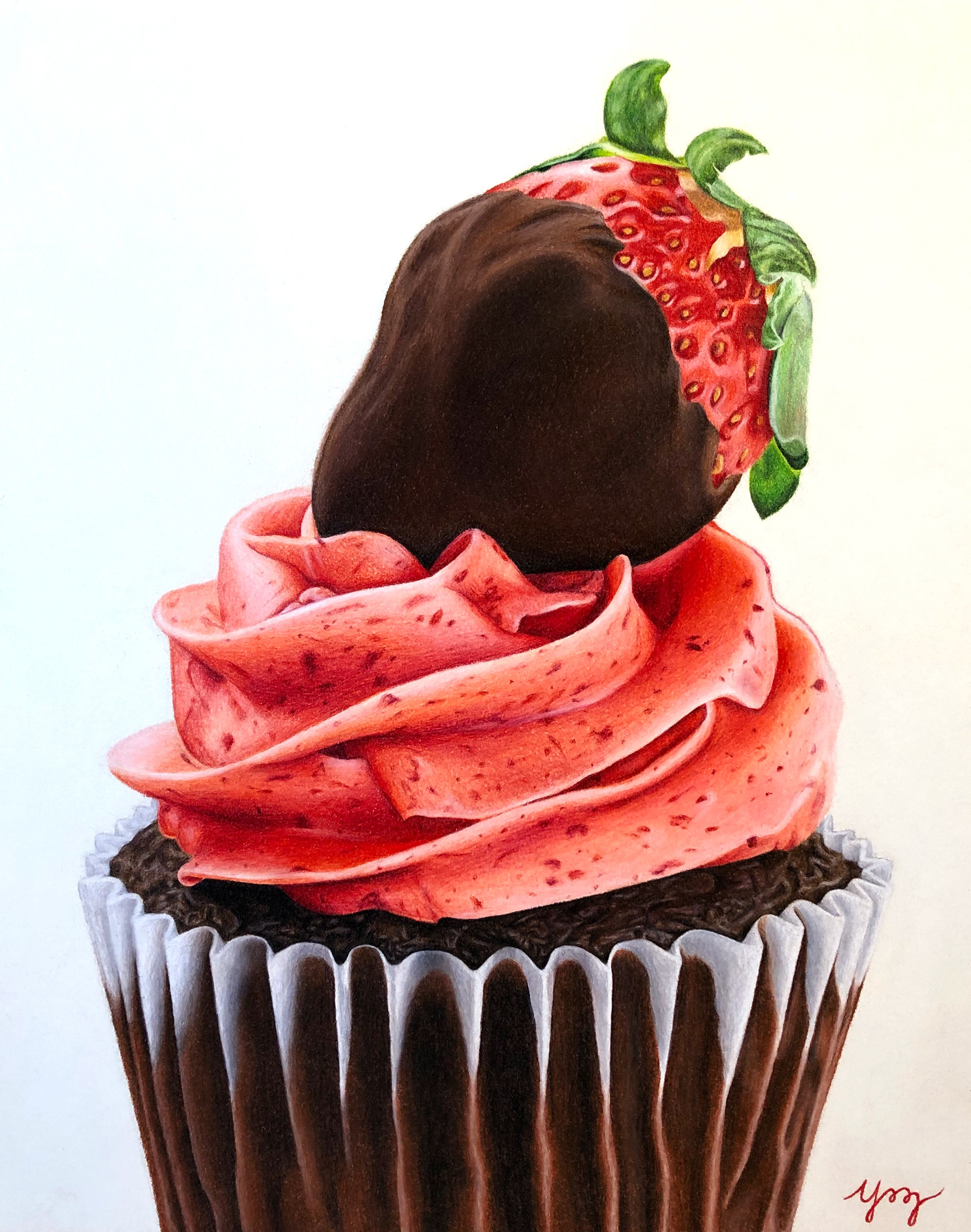 "Chocolate Covered Strawberry Cupcake." Colored pencils. 2020.