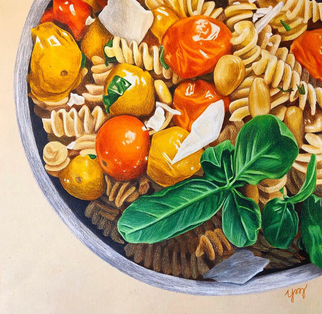 "Bowl of Pasta Salad." Colored pencils. 2019.