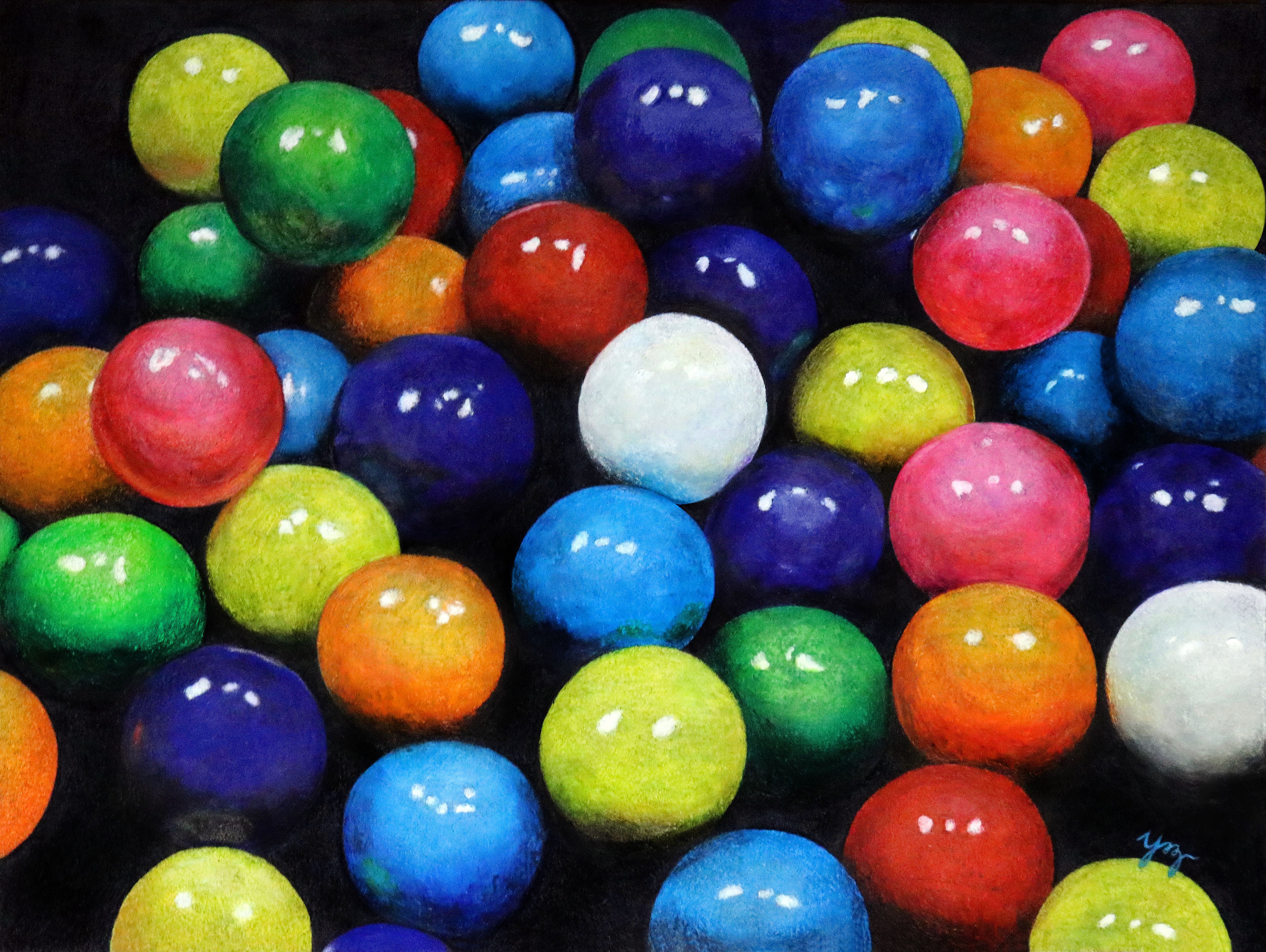 "Gumballs." Colored pencils and oil pastels. 2018.