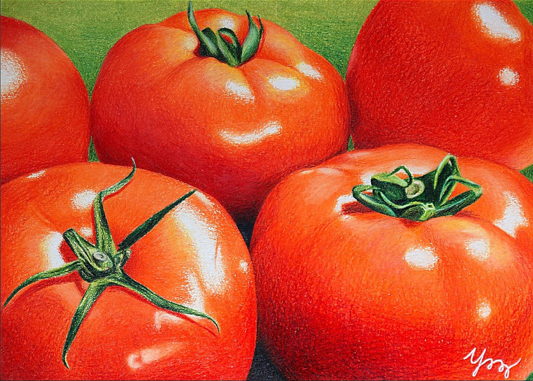 "Five Tomatoes." Colored pencils. 2018.