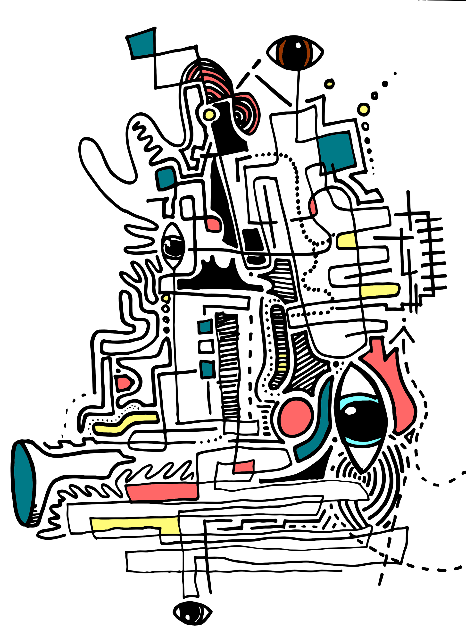 Experimental graphic composition using vectorized illustrations and digital colorization.