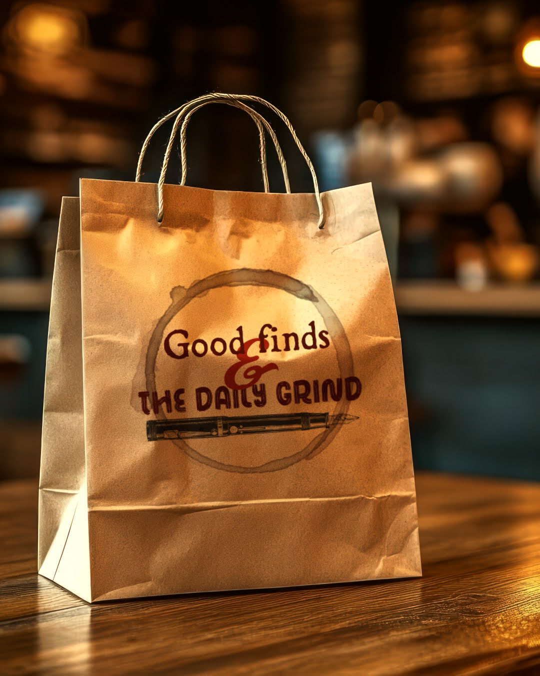 Brand identity for 'Good Finds & Daily Grind' business, visualized on product packaging.