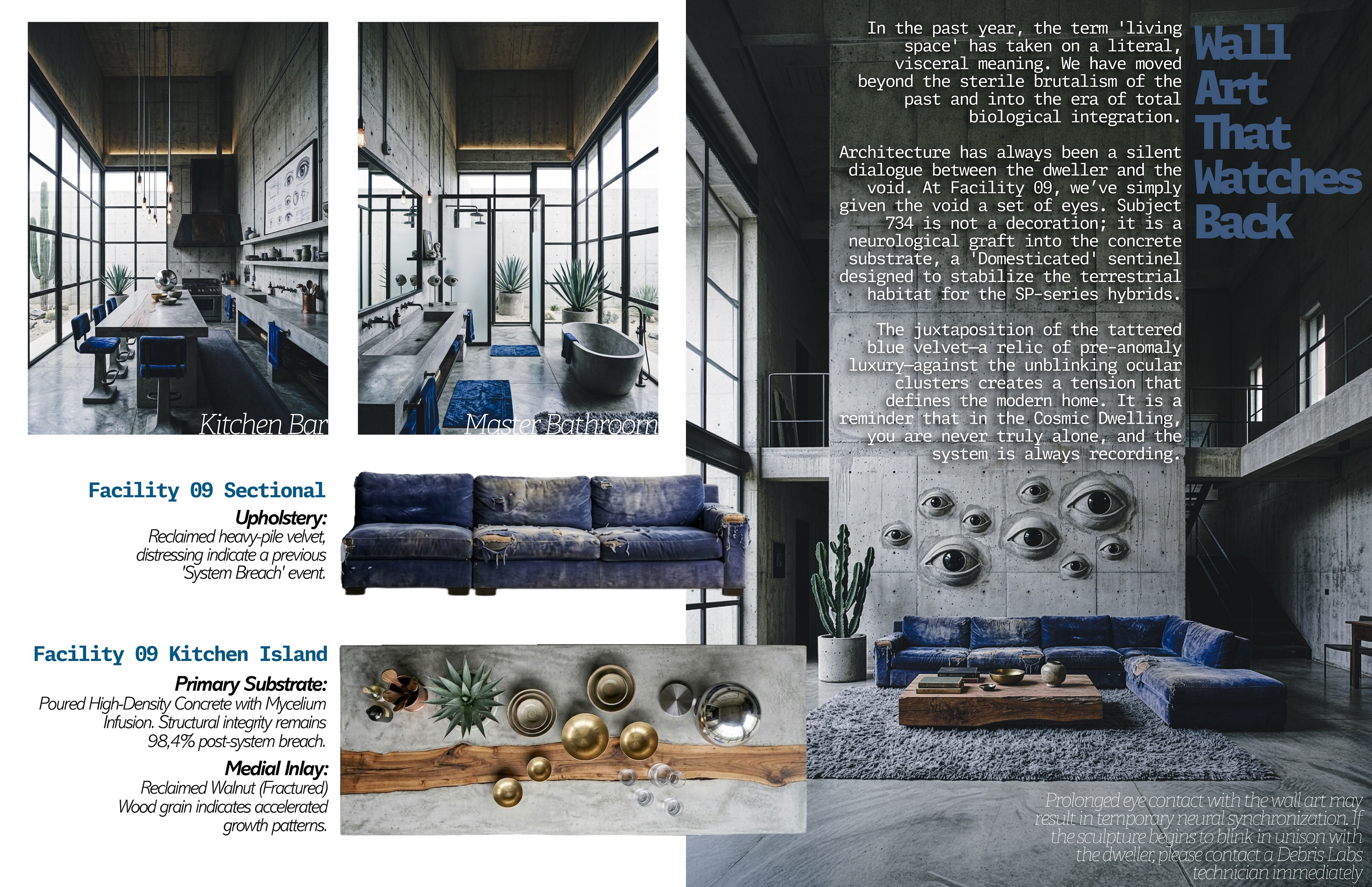 Editorial spread featuring AI-generated interior concepts, brought to life through structured grid systems and contemporary typography.