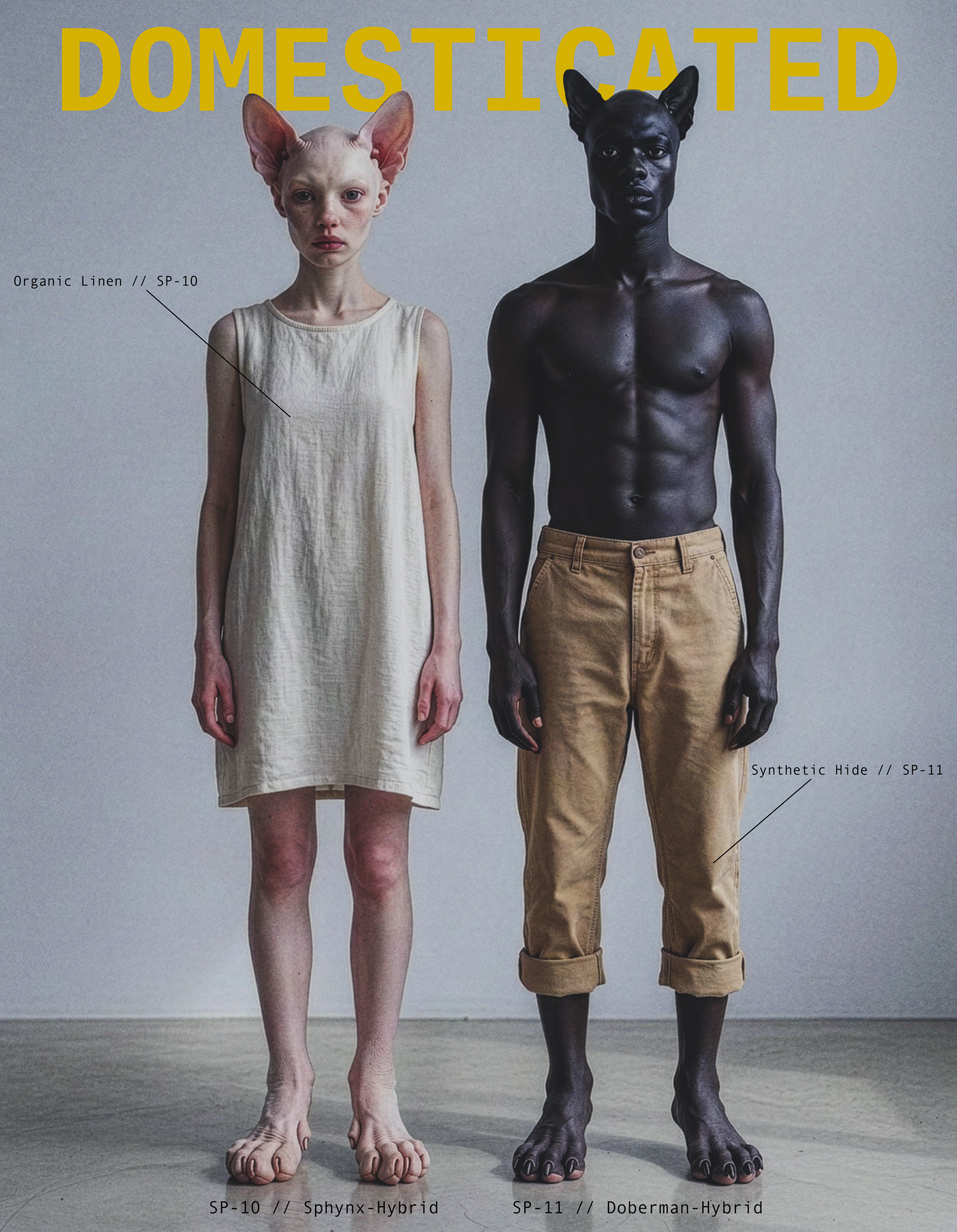 Surreal, post-human character designs generated via AI, integrated into a unified magazine aesthetic with bold, custom graphic treatments.