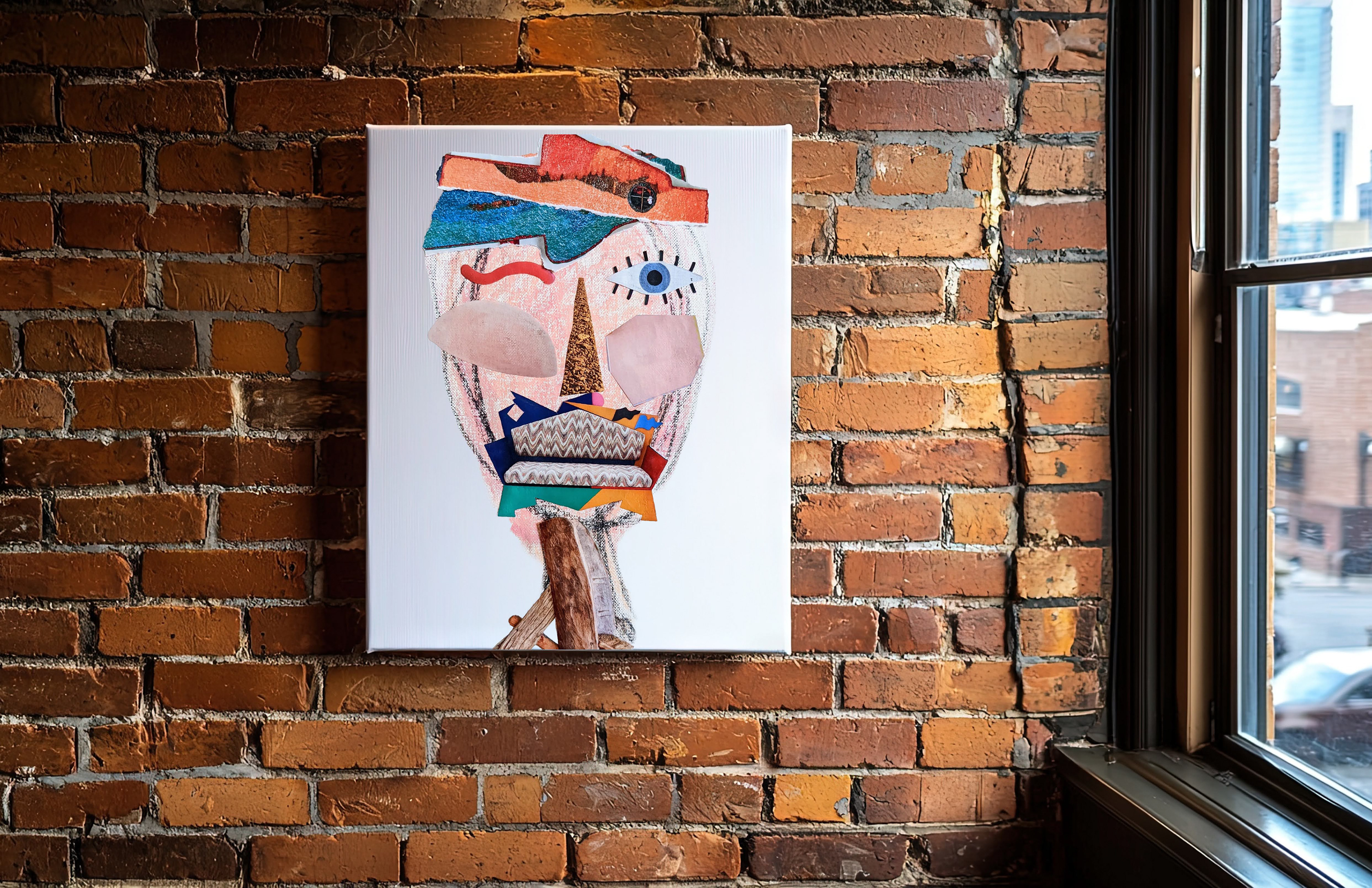 Mixed-media composition visualized as a large-scale canvas print in an industrial environment.