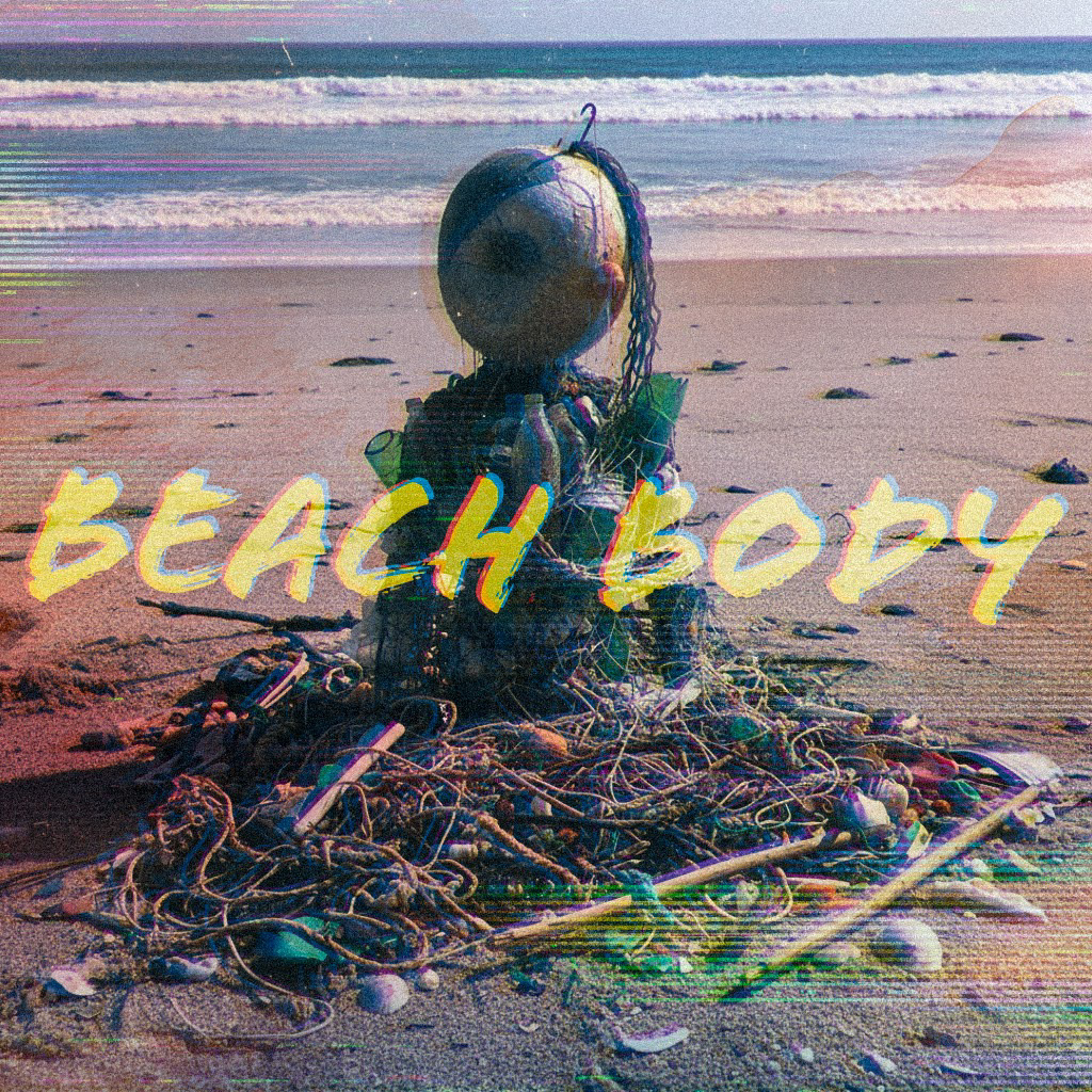 Experimental editorial concept 'BEACH BODY', utilizing AI-generated imagery and distressed textures for a raw, surrealist aesthetic.