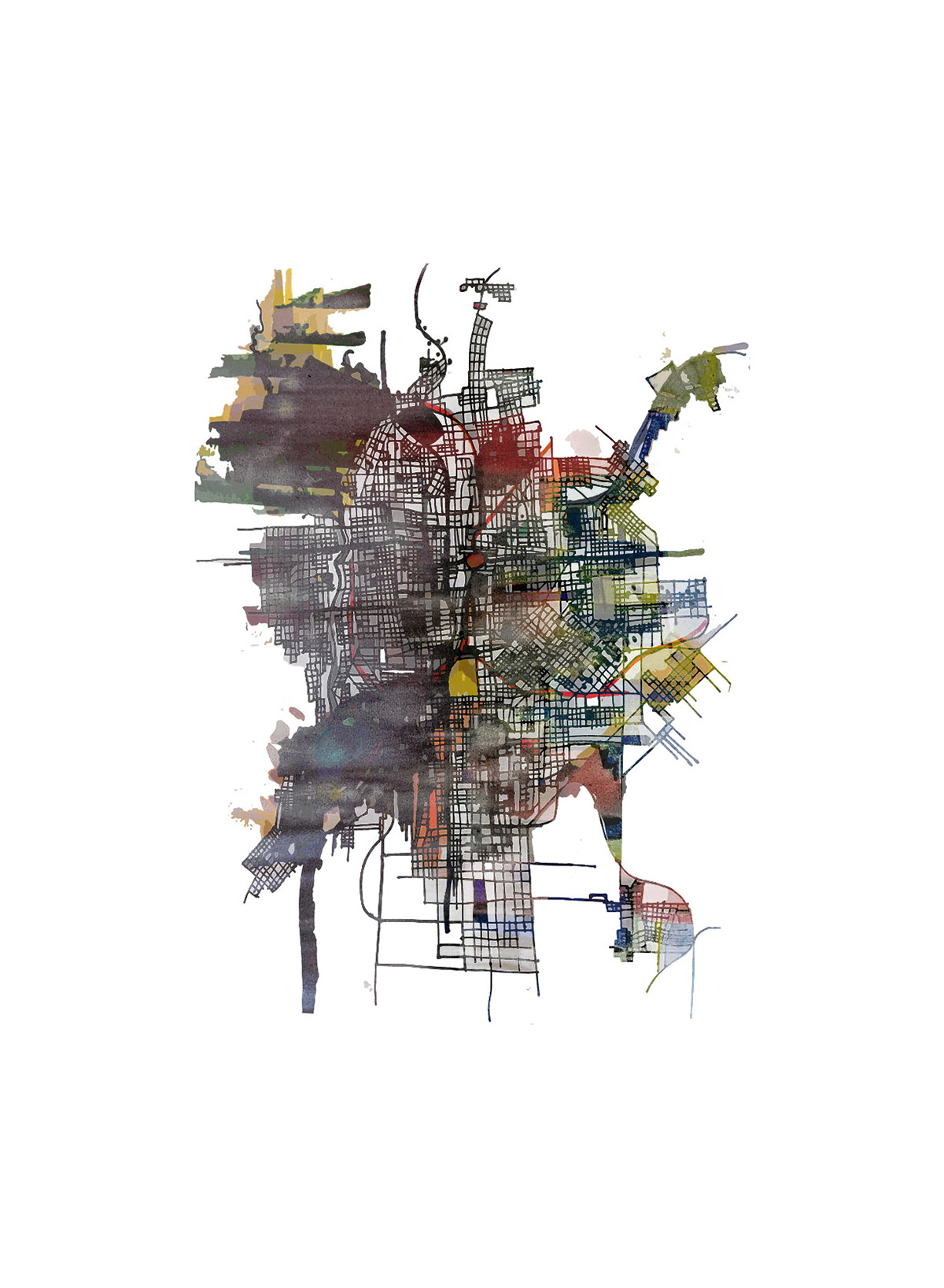 Detailed map illustration demonstrating a complete workflow from traditional sketching to digital composition and texturing.