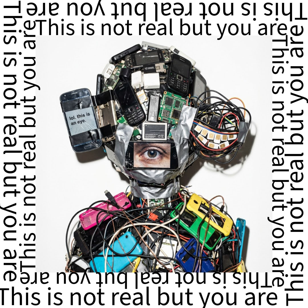 AI-generated surrealist elements composed with experimental, wrapping typography to create a brutalist poster design.