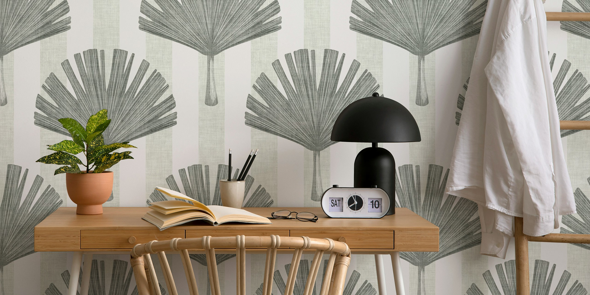 Tropical Fan Palm Botanical - Grey & White