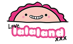 Love Lalaland text and logotype smiley face with pink hair