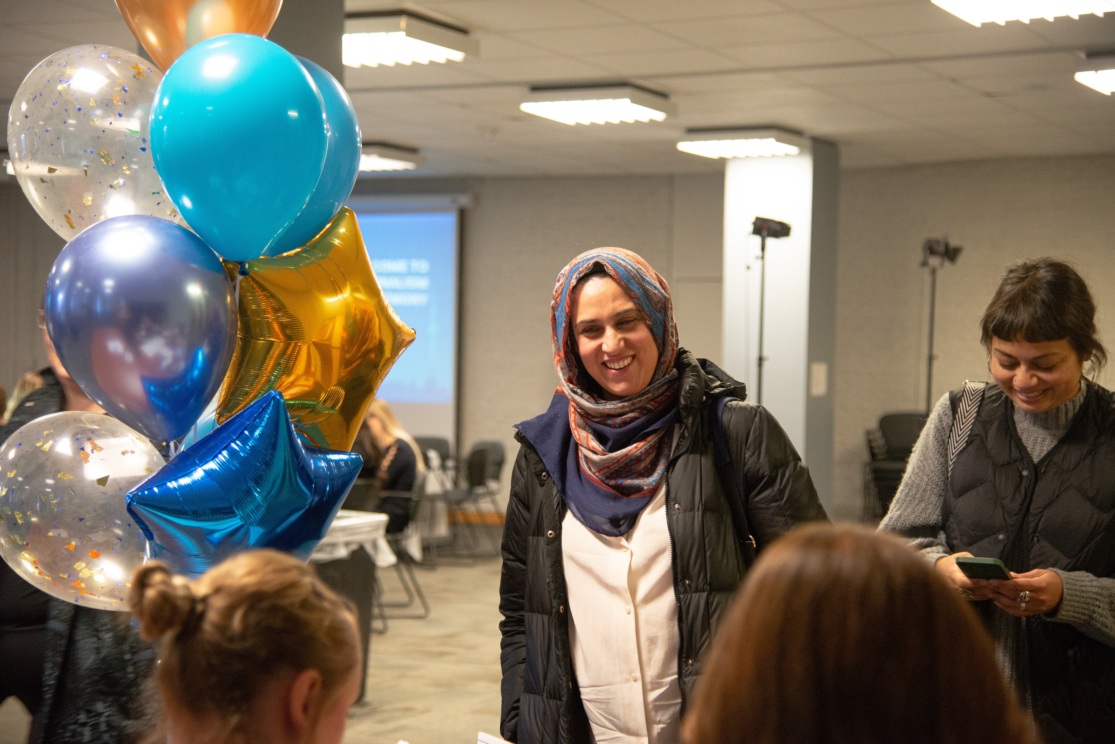 Toronto Metropolitan University journalism instructors Shenaz Kermalli and Asmaa Malik arrive at the School of Journalism award ceremony on Nov. 28, 2022. (Aloysius Wong)