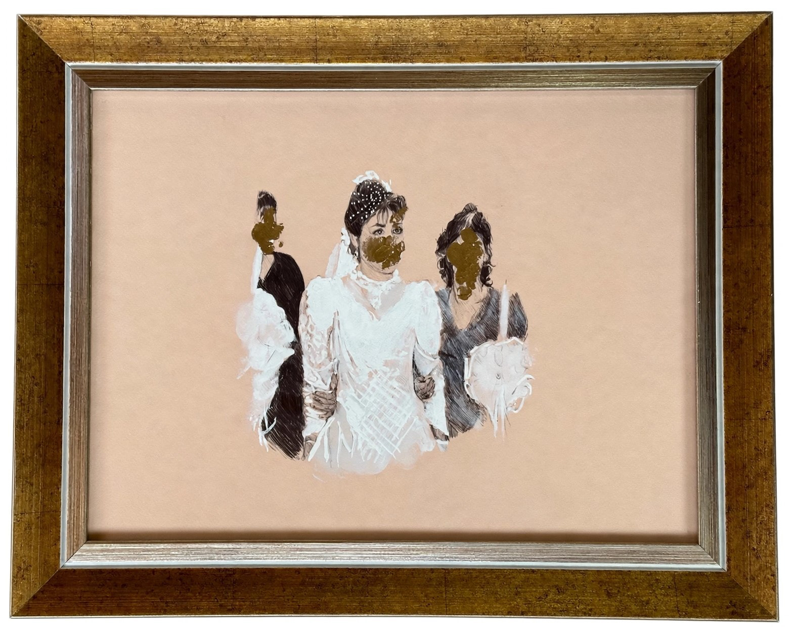 Necrosis 1 2018, mixed media (ball point pen , gold synthetic oil color, deleter , Canson paper, and frame) 30*40cm
