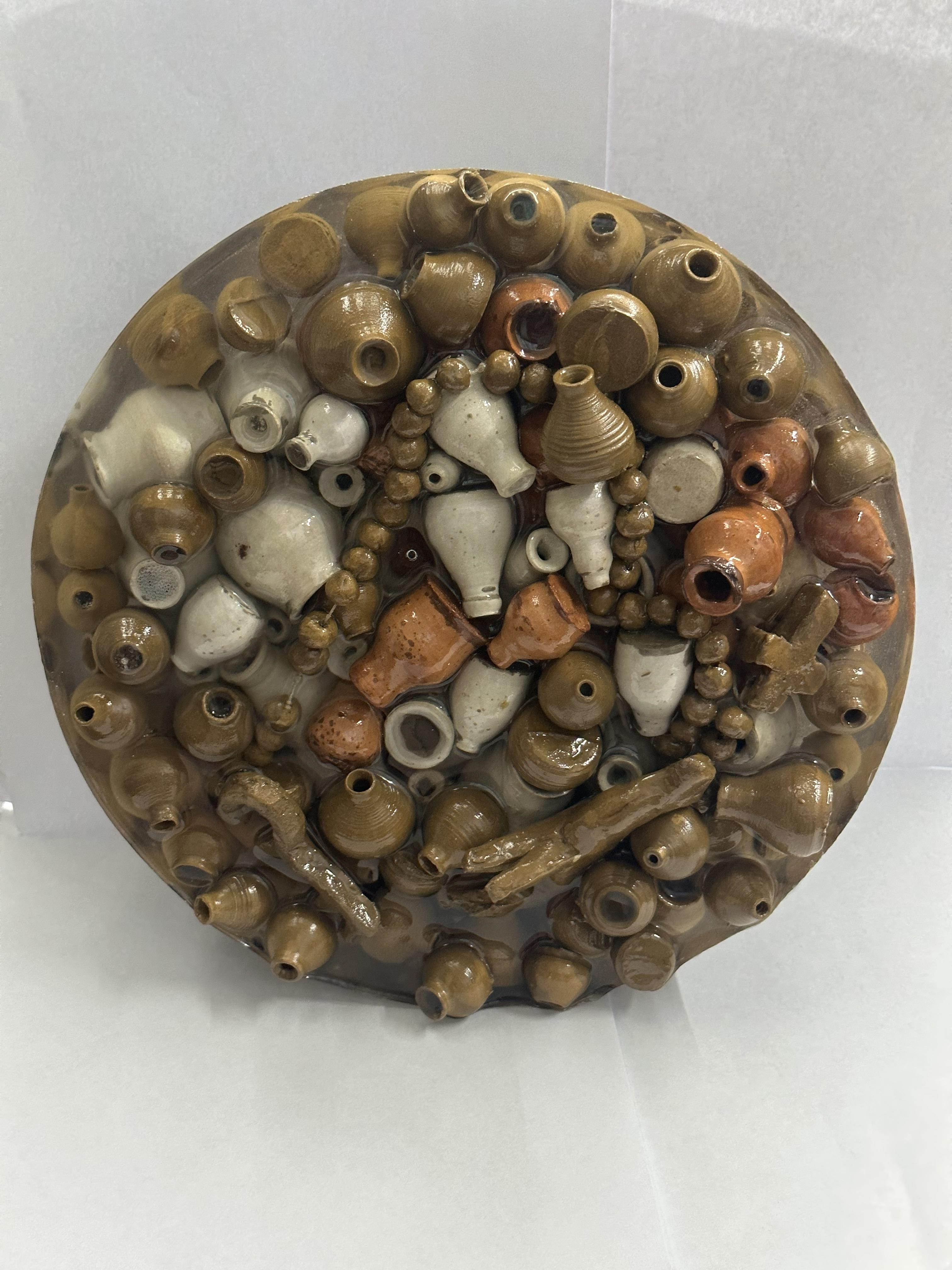 Rumination (Front Scene: Camel, Rosary, jars), 2023-2025, Mixed Technique (Clay, String & Epoxy Resin), 26cm*26cm*10cm