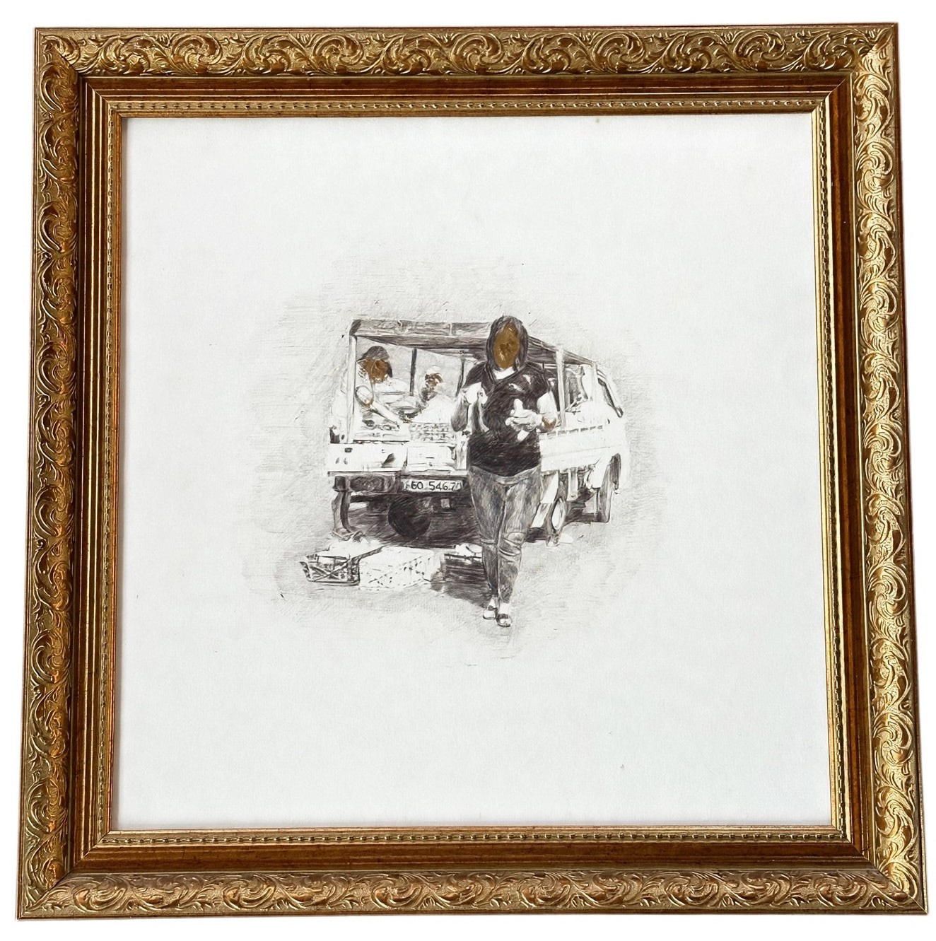 Necrosis 2 2018, mixed media (ball point pen , gold synthetic oil color, cold press Arches paper, and frame)