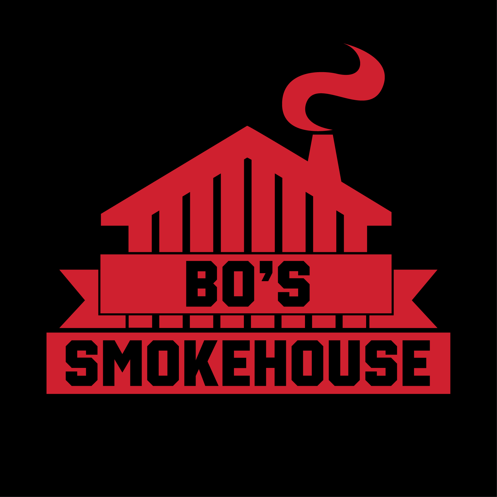 Logo for Bo’s Smokehouse, Gardner-Webb University’s on-campus BBQ restaurant. The mark features a bold, geometric smokehouse silhouette with a prominent banner and stylized smoke plume, designed to evoke rustic warmth, campus pride, and authentic Southern barbecue tradition.