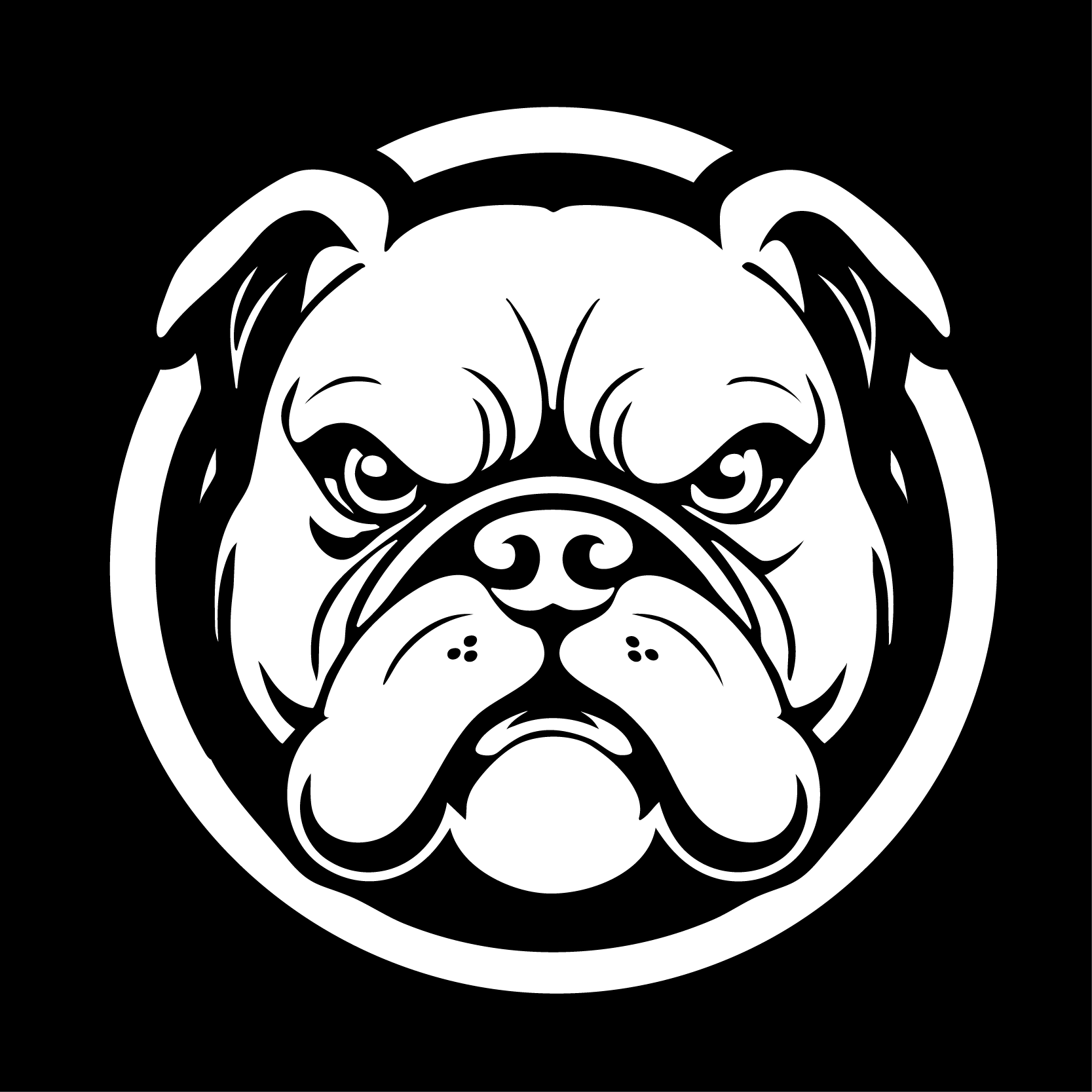 Iconic bulldog logo designed as a bold, high-contrast emblem capturing strength, focus, and tenacity. The sharp linework and graphic style ensure instant recognition at any size, making it ideal for use across athletic branding and merchandise.