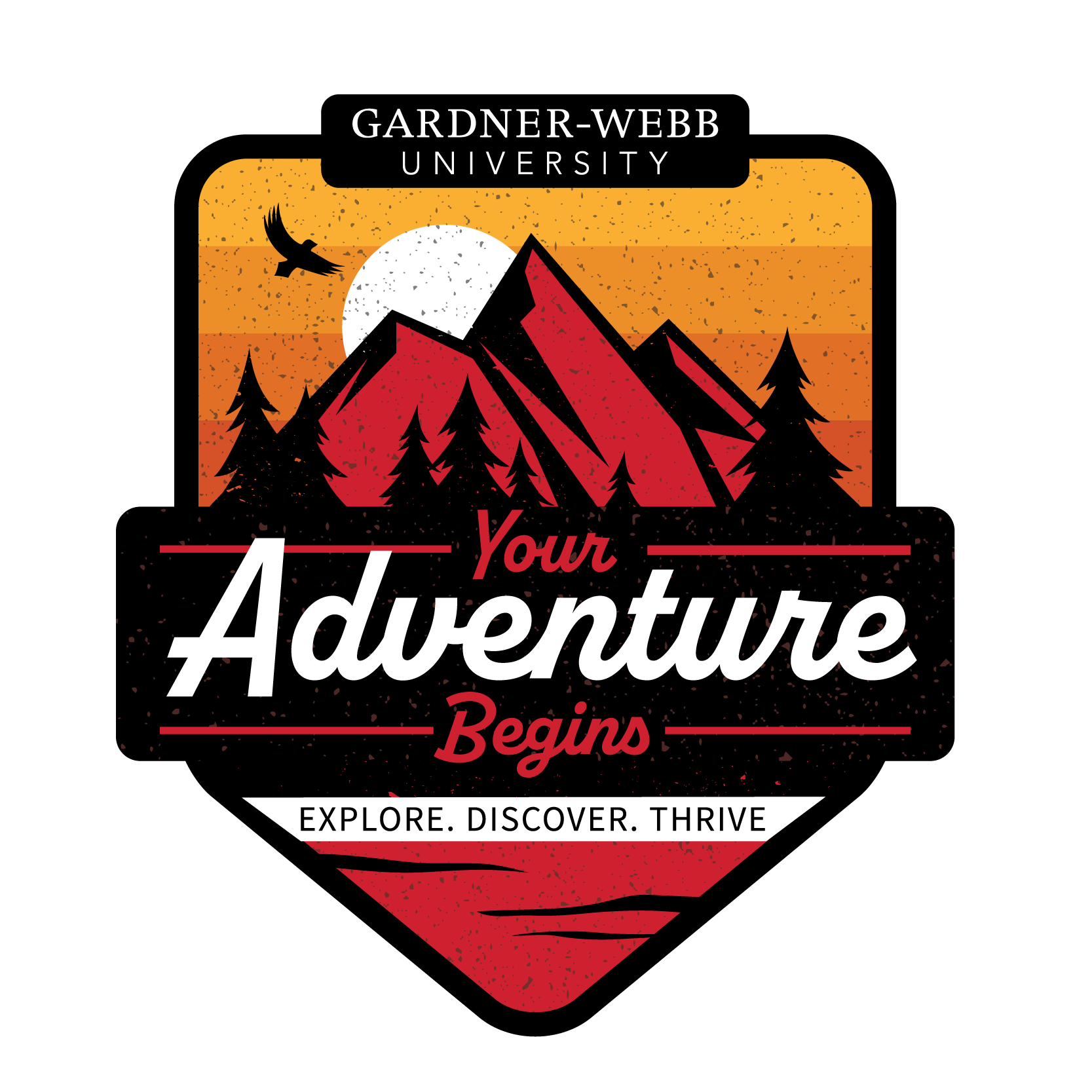 Logo for Gardner-Webb University’s New Student Orientation program, designed to inspire excitement and a spirit of exploration. The badge-style mark features bold mountains, pine trees, and a soaring bird set against a warm sunset palette, reinforcing themes of discovery, growth, and new beginnings.