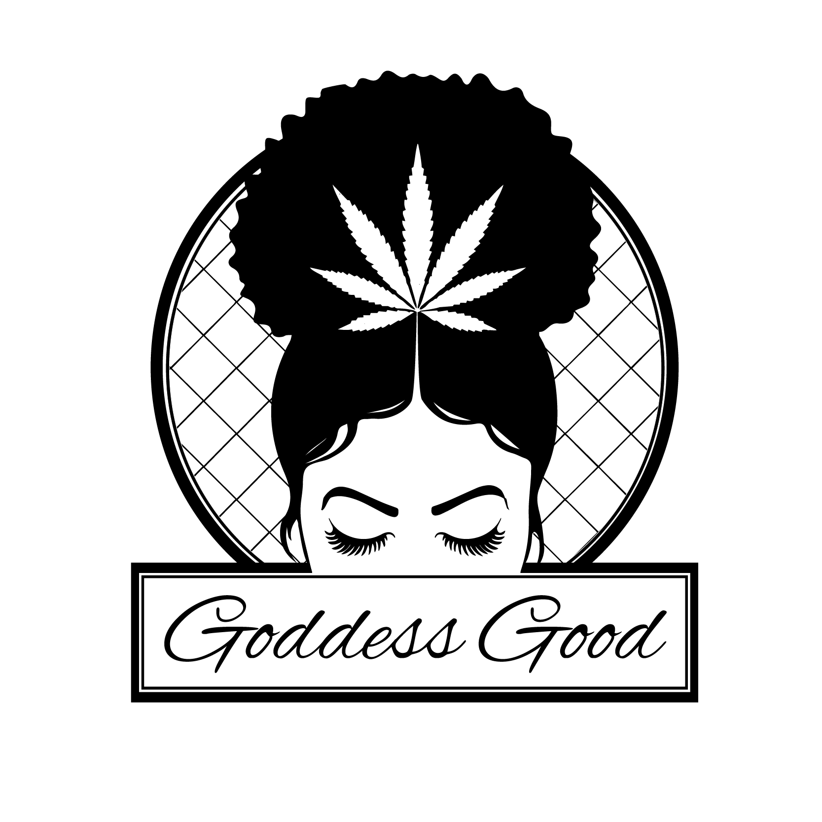 Logo for Goddess Good, a female-owned, Black-owned boutique hemp product line. The design features a striking female silhouette crowned with a cannabis leaf, blending elegance, empowerment, and cultural pride while reflecting a commitment to natural wellness and self-care.