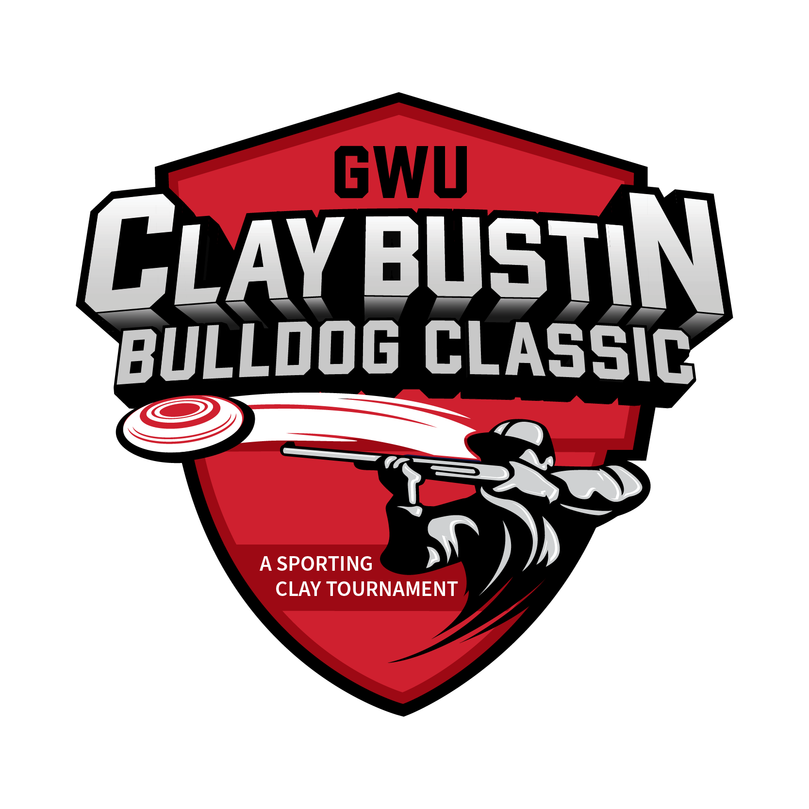 Logo for the GWU Clay Bustin Bulldog Classic, a sporting clay tournament supporting Gardner-Webb University. The bold shield design combines dynamic typography with an illustrated shooter and clay target in motion, capturing the competitive energy and outdoor spirit of the event.