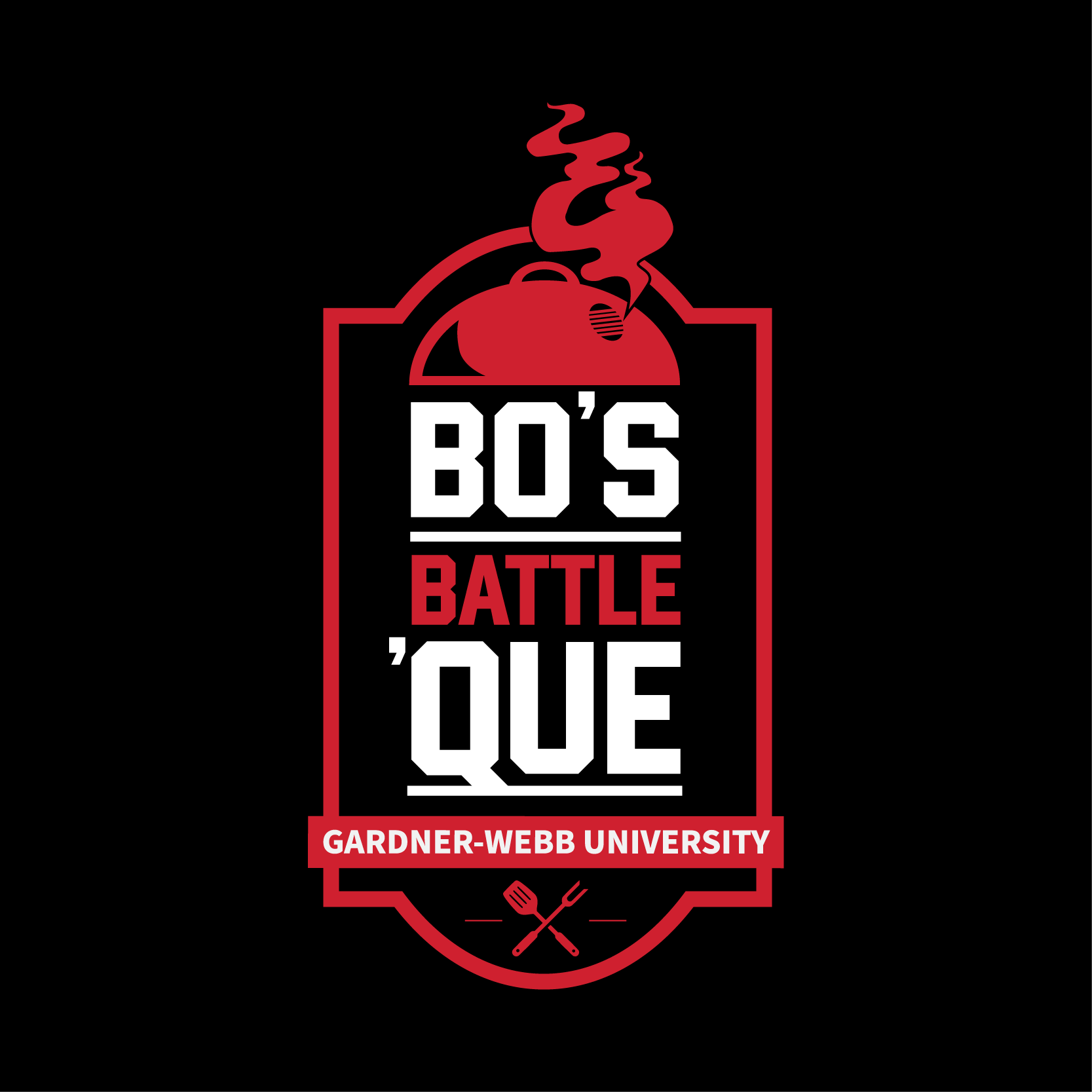 Logo for Bo’s Battle ‘Que, Gardner-Webb University’s signature barbecue event. The design features a bold badge structure with collegiate typography, a smoking grill icon, and crossed grilling tools to evoke school spirit and competitive energy while celebrating the art of barbecue.