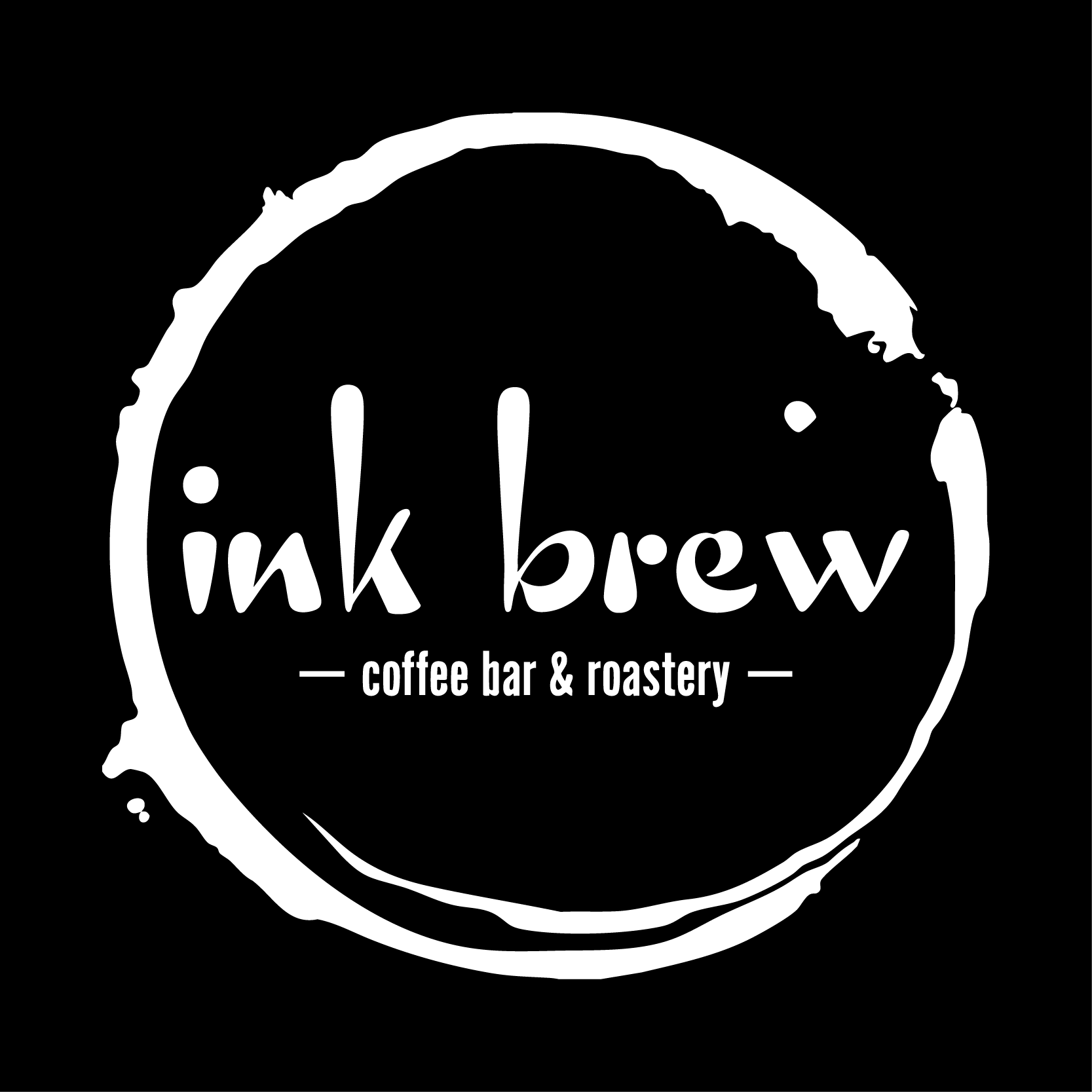 Logo for Ink Brew, a coffee bar and roastery, designed with a hand-crafted aesthetic that blends creativity and coffee culture. The expressive, ink-like typography and organic coffee ring motif evoke warmth, artistry, and an inviting café atmosphere.