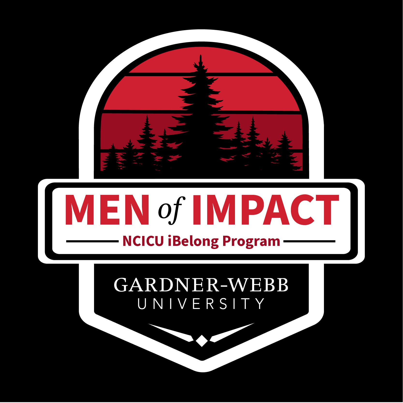 Logo for Gardner-Webb University’s Men of Impact program, designed to convey strength, growth, and belonging. The badge-style mark features a bold forest silhouette and warm sunset gradient, symbolizing community and personal development, anchored with classic typography for institutional credibility.