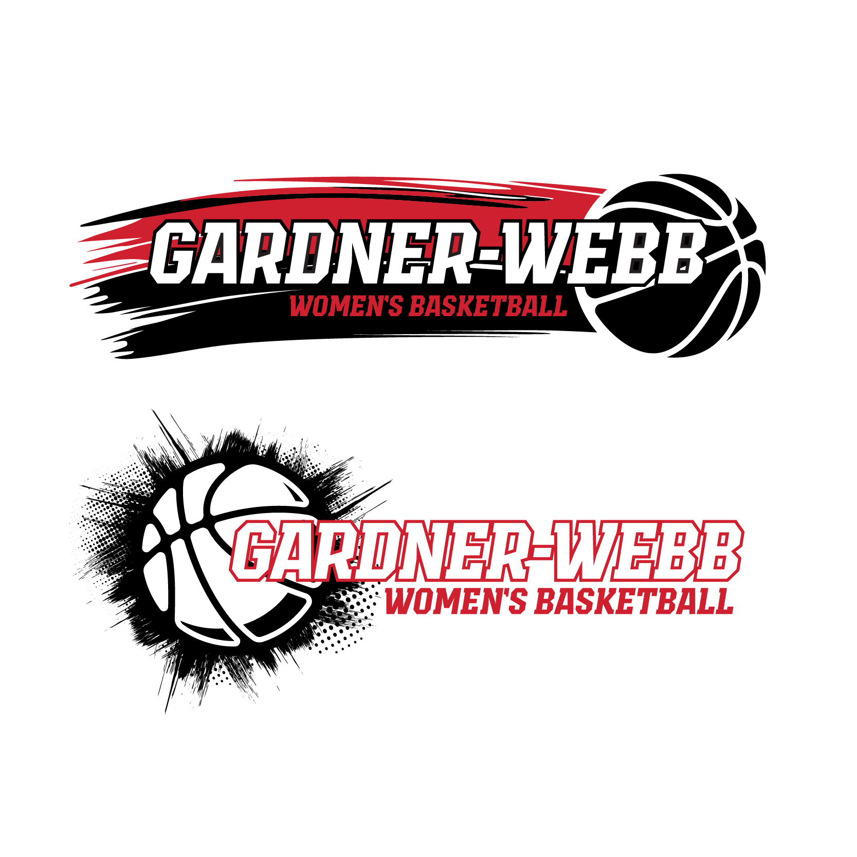 Pair of dynamic logos for Gardner-Webb Women’s Basketball, each combining bold typography with energetic textures and graphic basketball elements. Designed to evoke motion, intensity, and school pride while giving the program versatile branding options for uniforms, merchandise, and media.