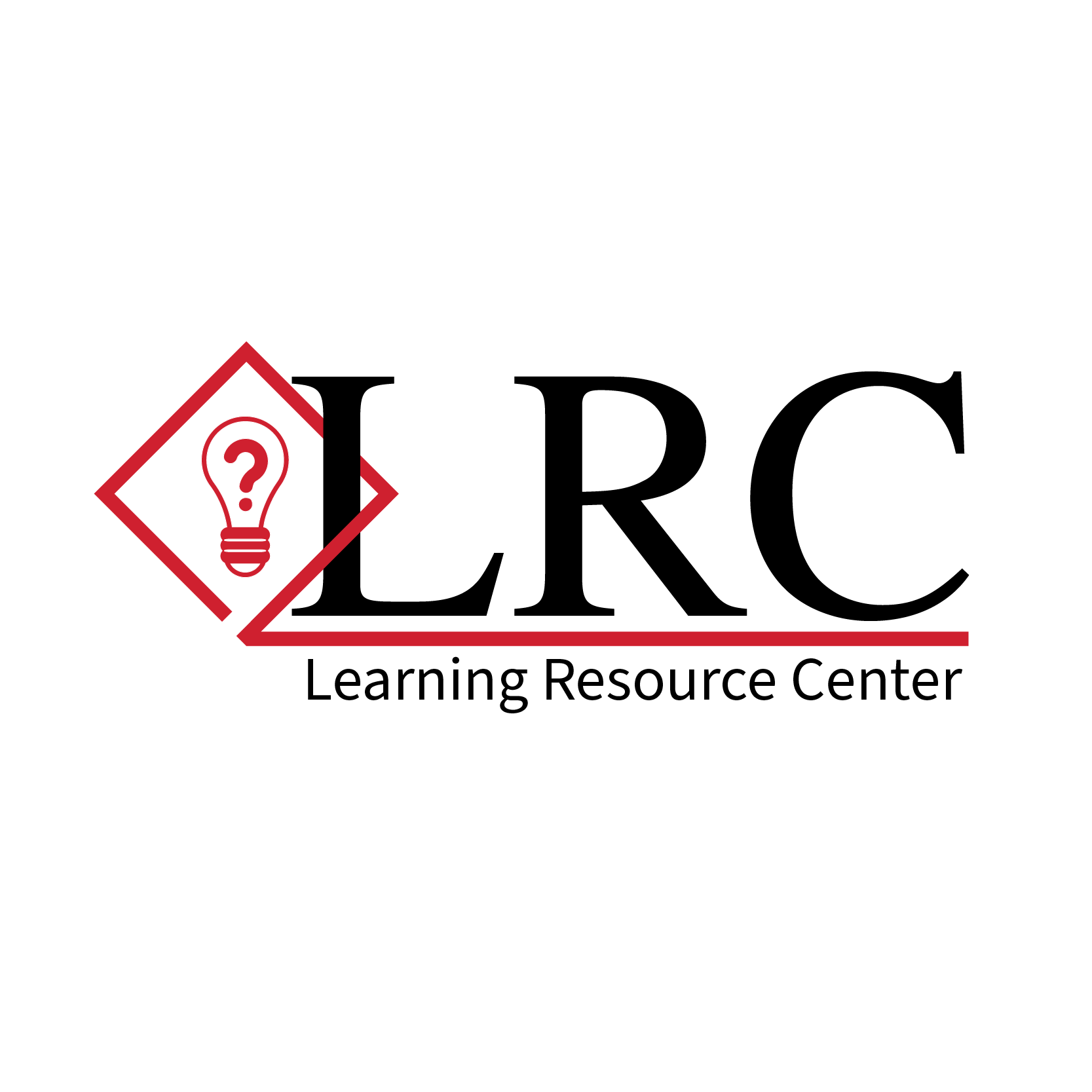 Logo for the Learning Resource Center, designed to communicate support, guidance, and curiosity. The classic serif typography conveys trust and professionalism, while the red diamond and lightbulb-with-question-mark icon symbolize inquiry, discovery, and student-focused learning.