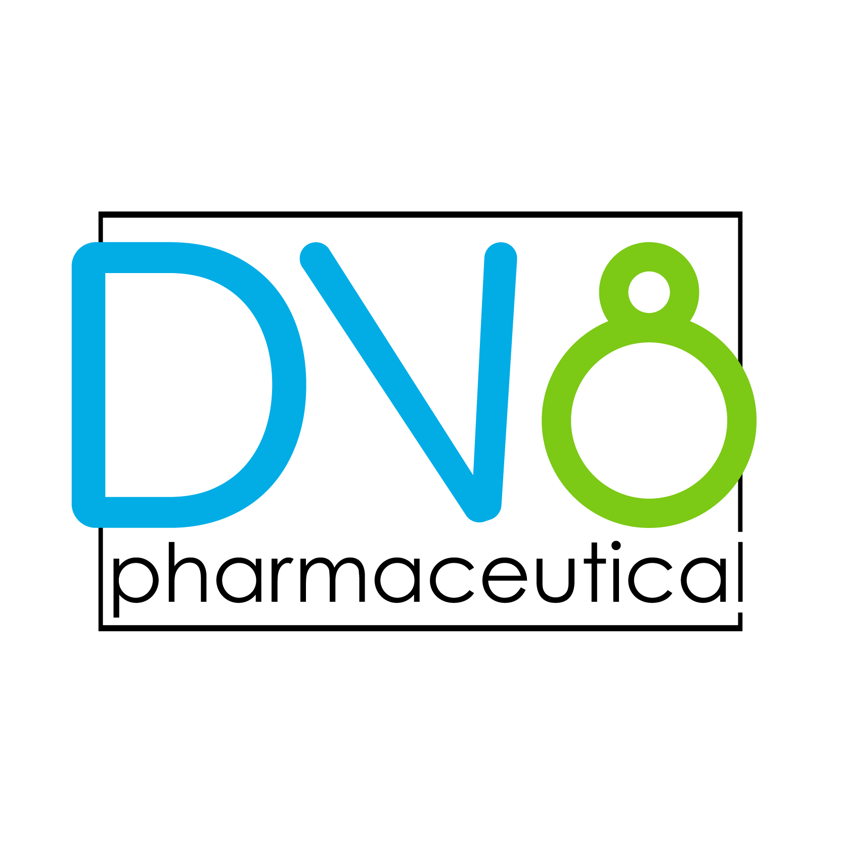 Logo for DV8 Pharmaceutical, blending bold geometric letterforms with a clean, modern aesthetic. The design uses vibrant color contrast to convey innovation and approachability, with a clever integration of the number 8 to reinforce the brand name’s theme of “deviation.