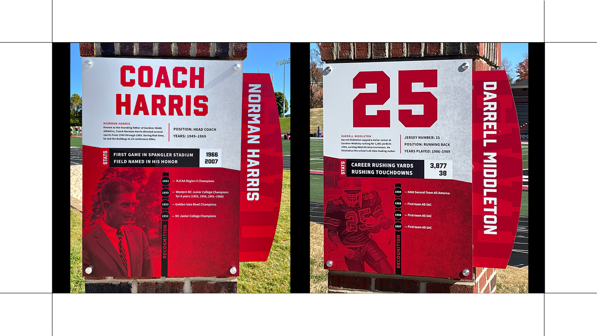Brick Pillar w/ Stand off Plaques of Retired GWU Football Players and Coaches info.