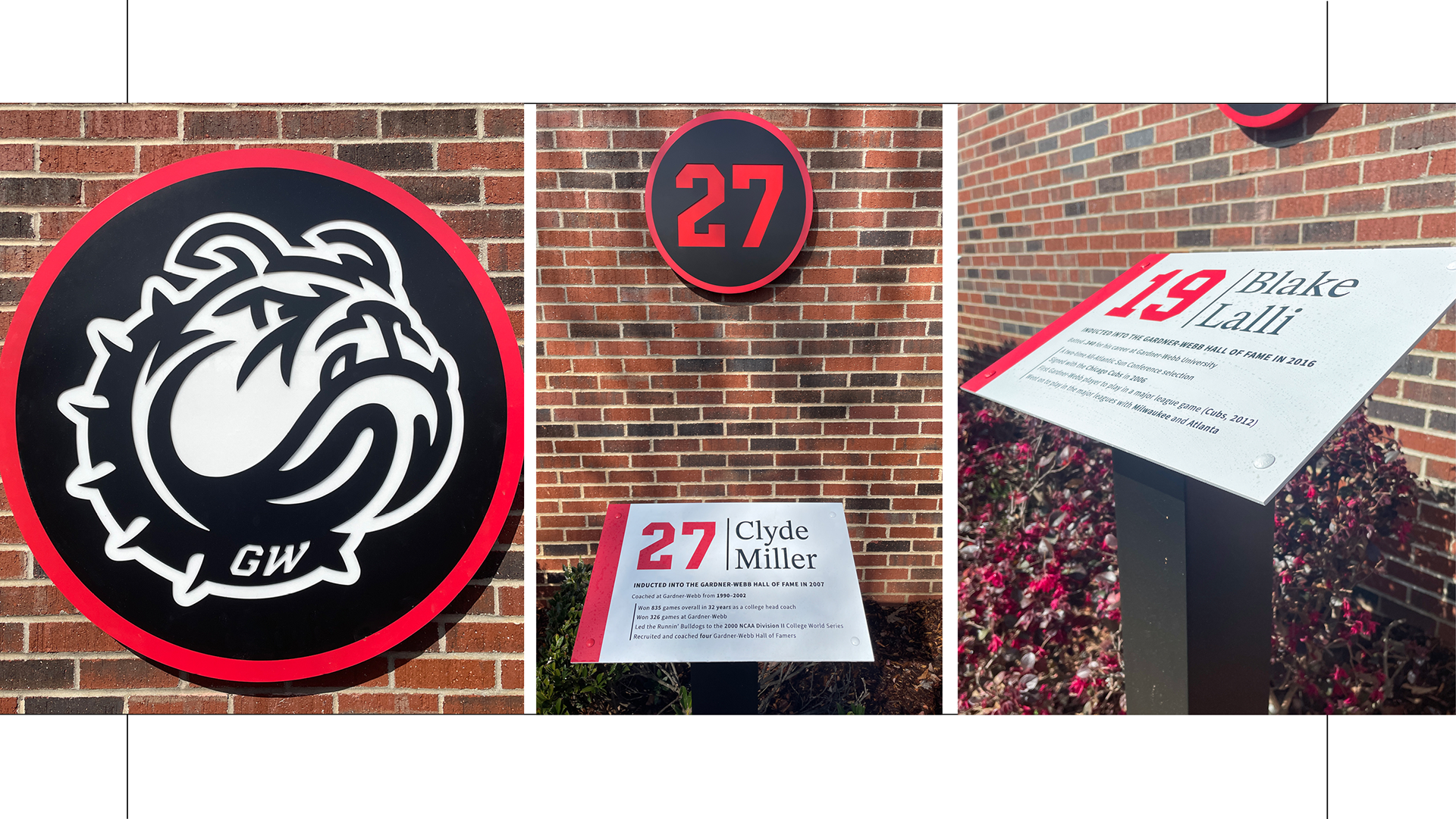 Gardner-Webb University - Baseball Stadium Retired Players Exhibit. Light-up Logo and Player Numbers. Player Stats and Bio Plaques.