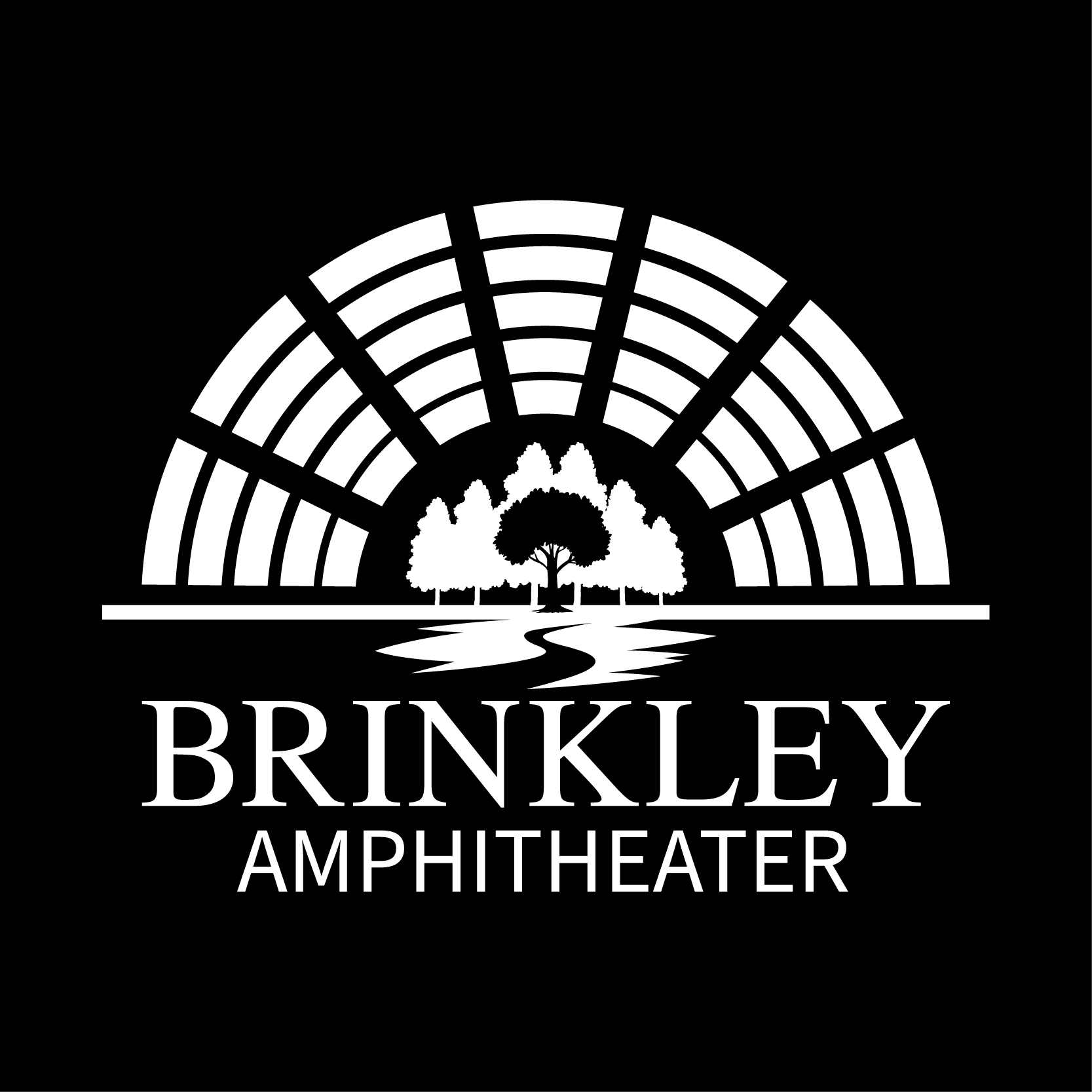 Logo for Brinkley Amphitheater, featuring a stylized semicircular seating motif framing a grove of trees and winding path. The design blends nature and architecture to convey an inviting, scenic venue that celebrates outdoor performance and community gathering.
