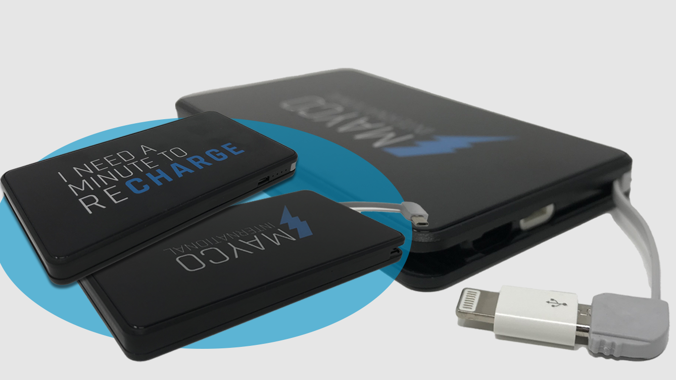 Branded portable phone charger made as a gift for an annual corporate Christmas party