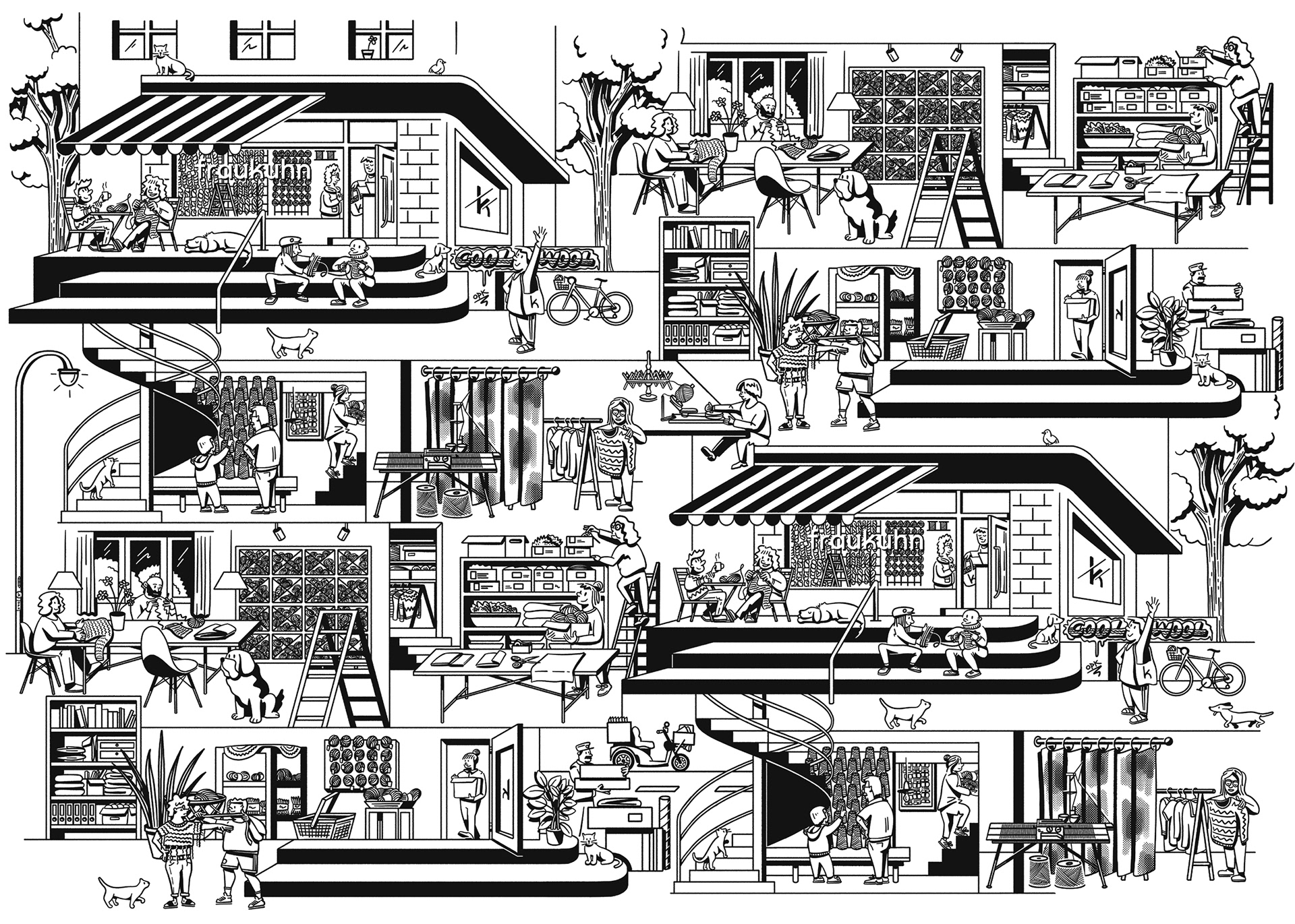 Wimmelbild Geschenkpapier — Frau Kuhn, Garnfachgeschäft Bern