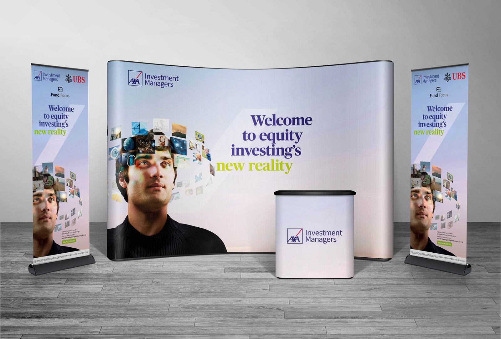 Artworking for Axa exhibition stand and banners with photo retouch