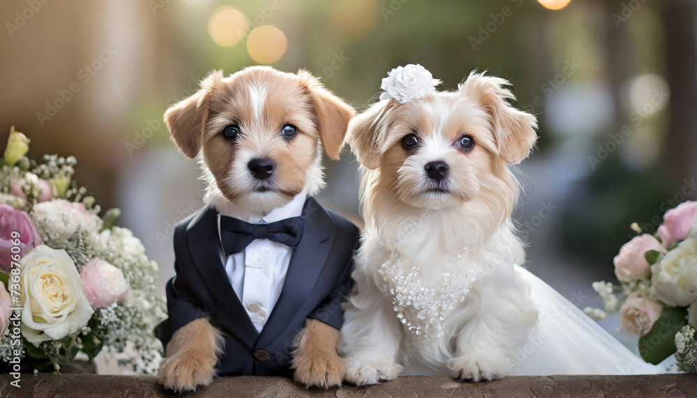 portrait de chien élégant déguisé en tenue de mariage, costume et robe, fond flou