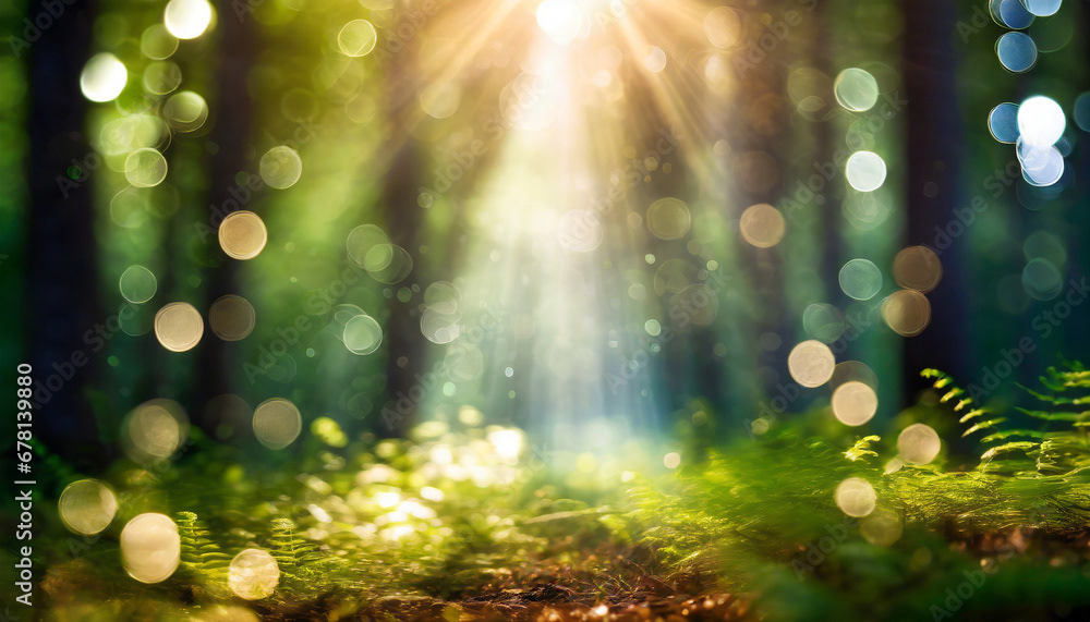 forêt féérique avec rayon de lumière du soleil, concept de nature, couleur vert