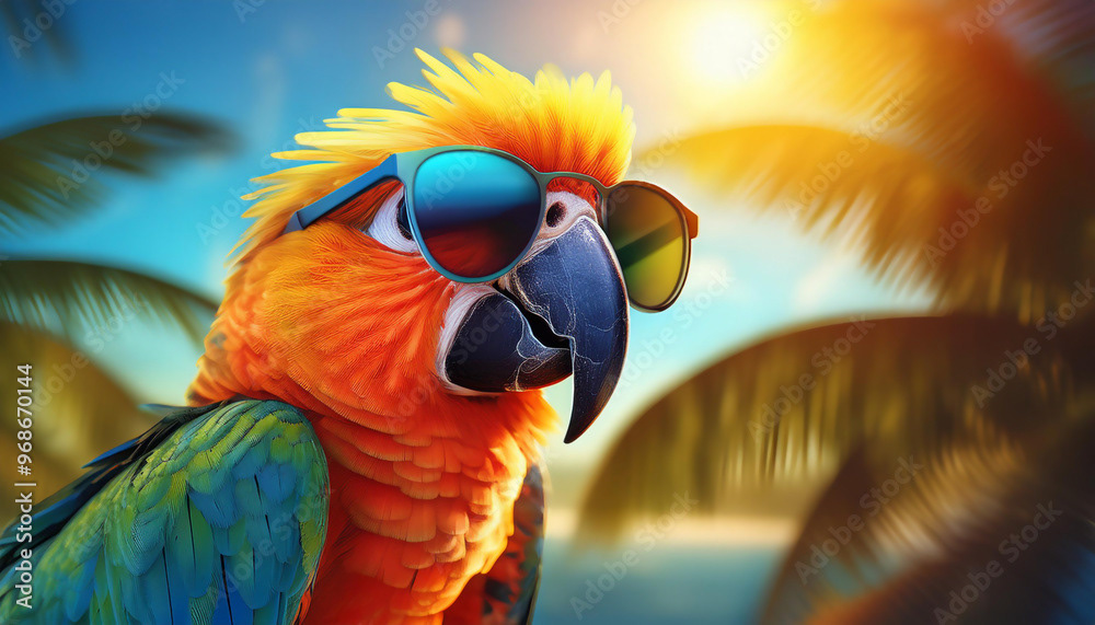 oiseau de la nature, perroquet, ara, à la plage l'été, en vacances, détente, voyage
