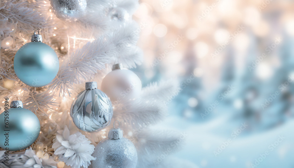 Noël hiver arrière-plan avec sapin blanc décoré de boule de neige, fond flou clair