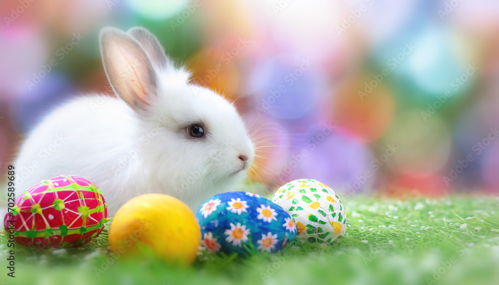 lapin blanc et œuf en chocolat peint, fête de Pâques, chasse aux œufs en chocolat
