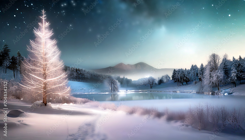 beau paysage féérique de Noël, montagne la nuit, neige, sapin, flocon, ciel étoilé