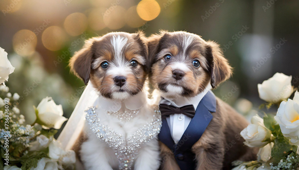 chiens en tenue de mariage, robe et costume pour portrait des mariés, décor floral