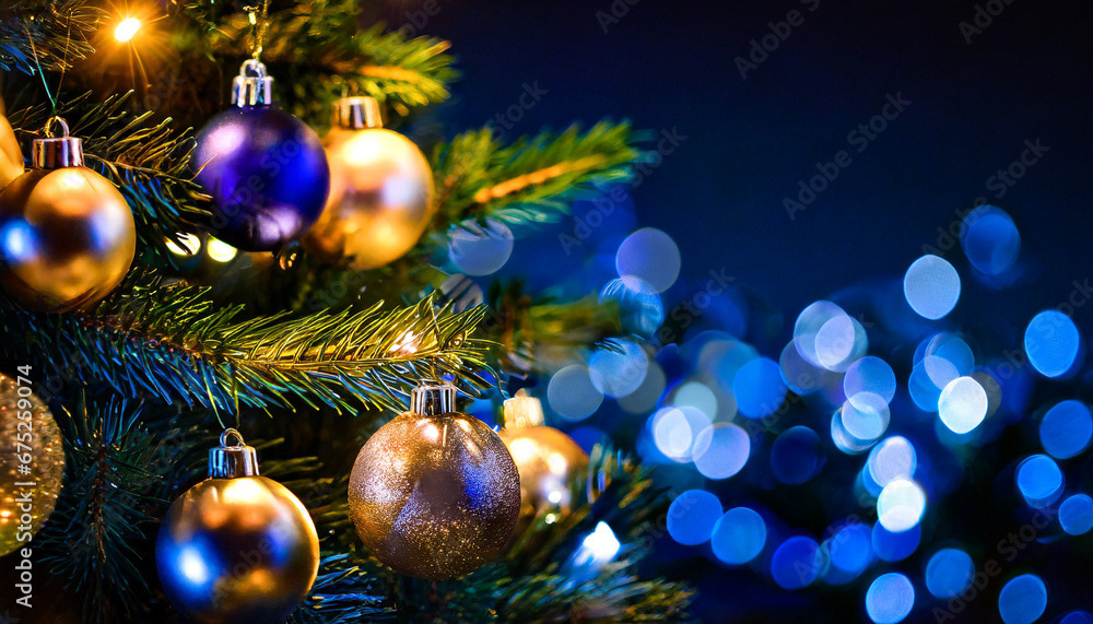 gros plan d’un arbre de Noël, boules et lumières brillantes, fond sombre bleu nuit